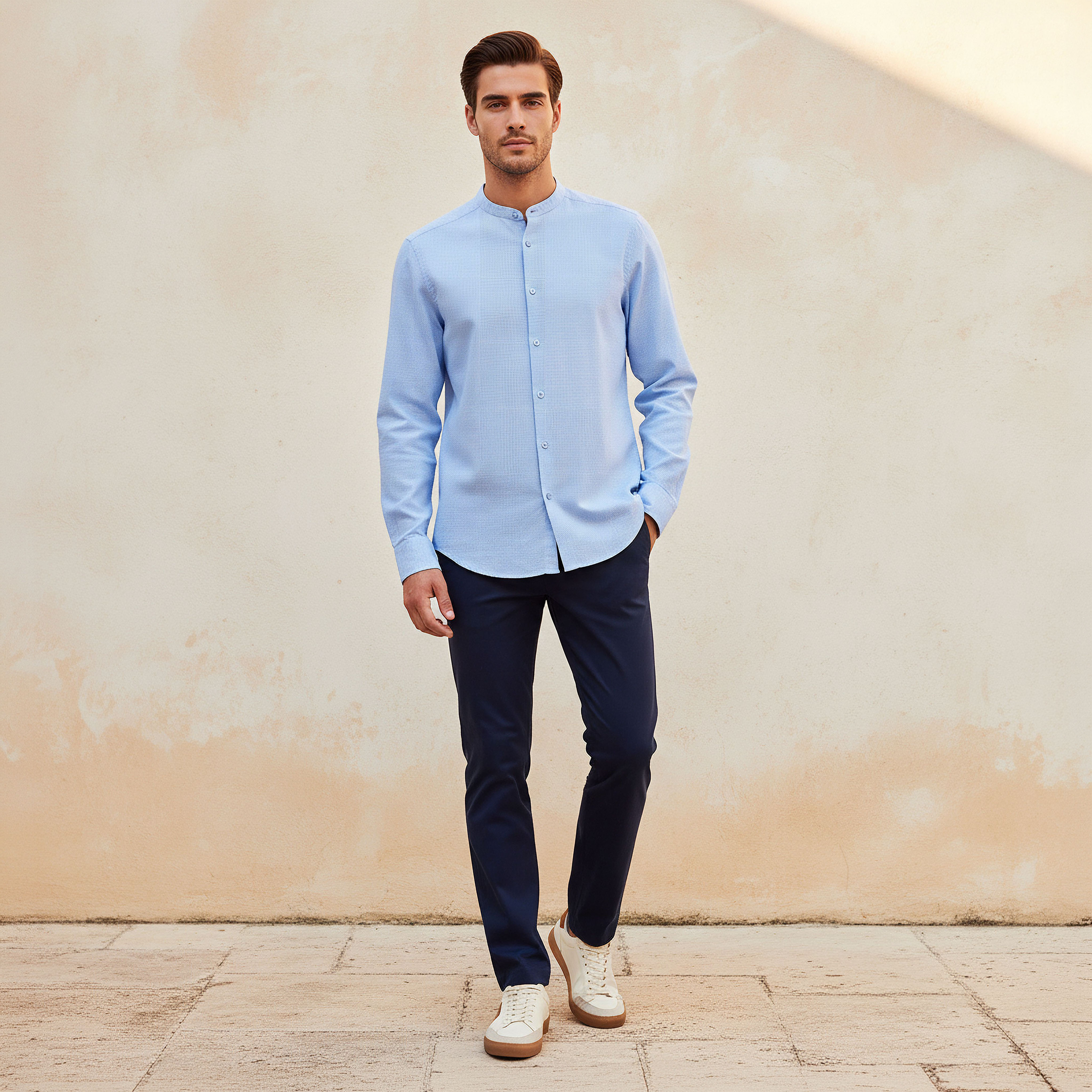 Men Regular Fit Mandarin Neck Houndstooth Long Sleeves Linen Blend Shirt-men-clothing-shirts-image-3