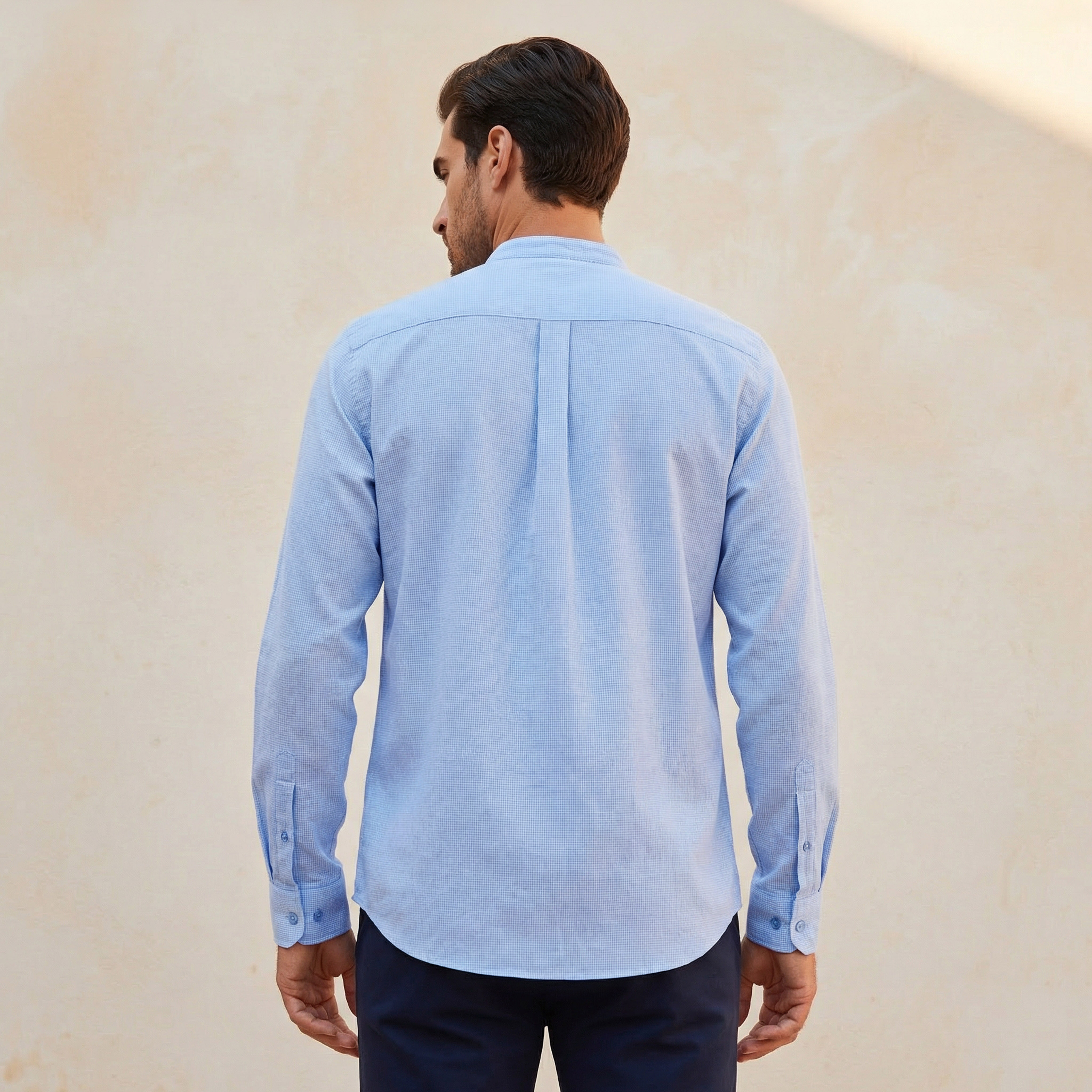 Men Regular Fit Mandarin Neck Houndstooth Long Sleeves Linen Blend Shirt-men-clothing-shirts-image-4
