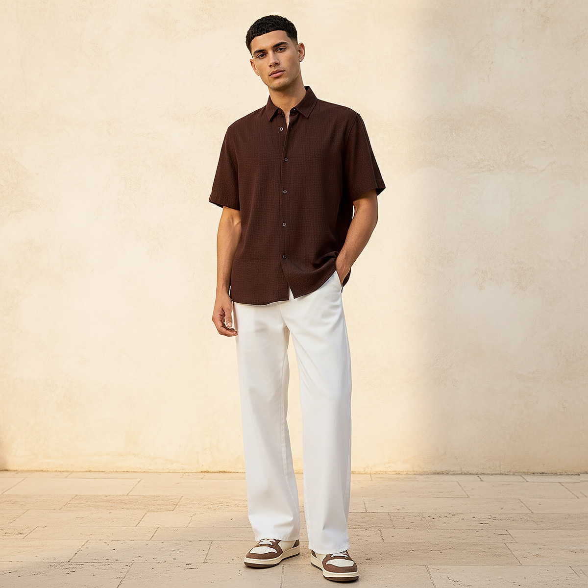Men Regular Fit Collared Textured Short Sleeves Shirt-men-clothing-shirts-image-3