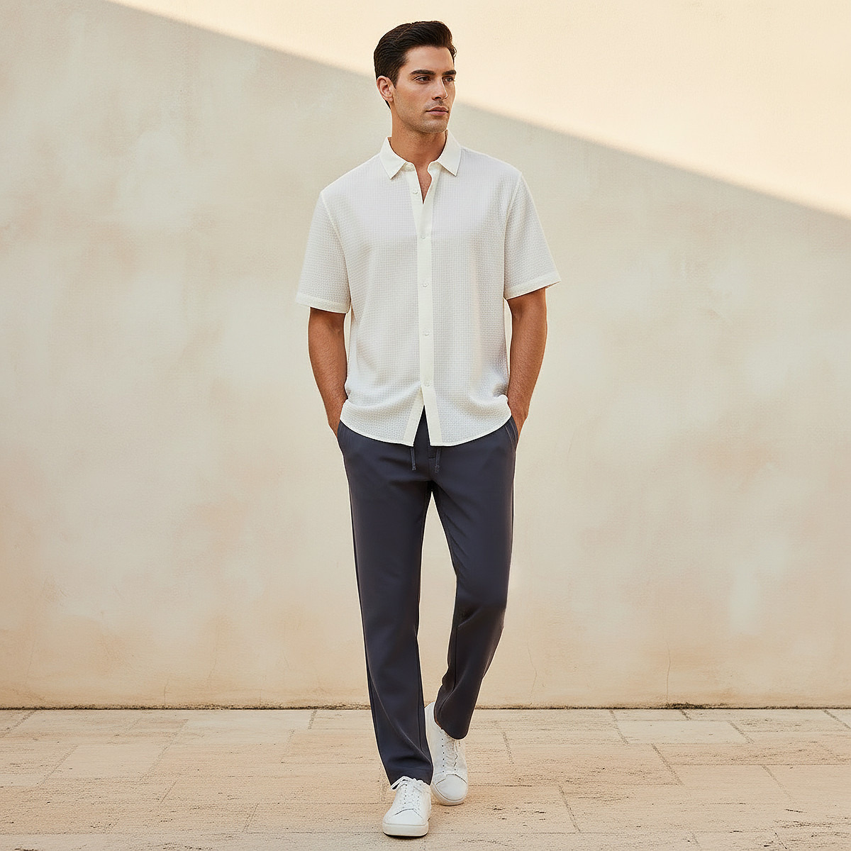 Men Regular Fit Collared Textured Short Sleeves Shirt-men-clothing-shirts-image-3