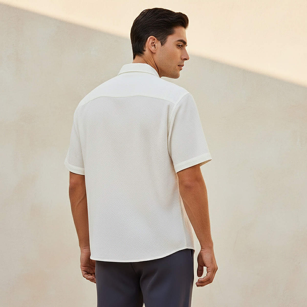Men Regular Fit Collared Textured Short Sleeves Shirt-men-clothing-shirts-image-4