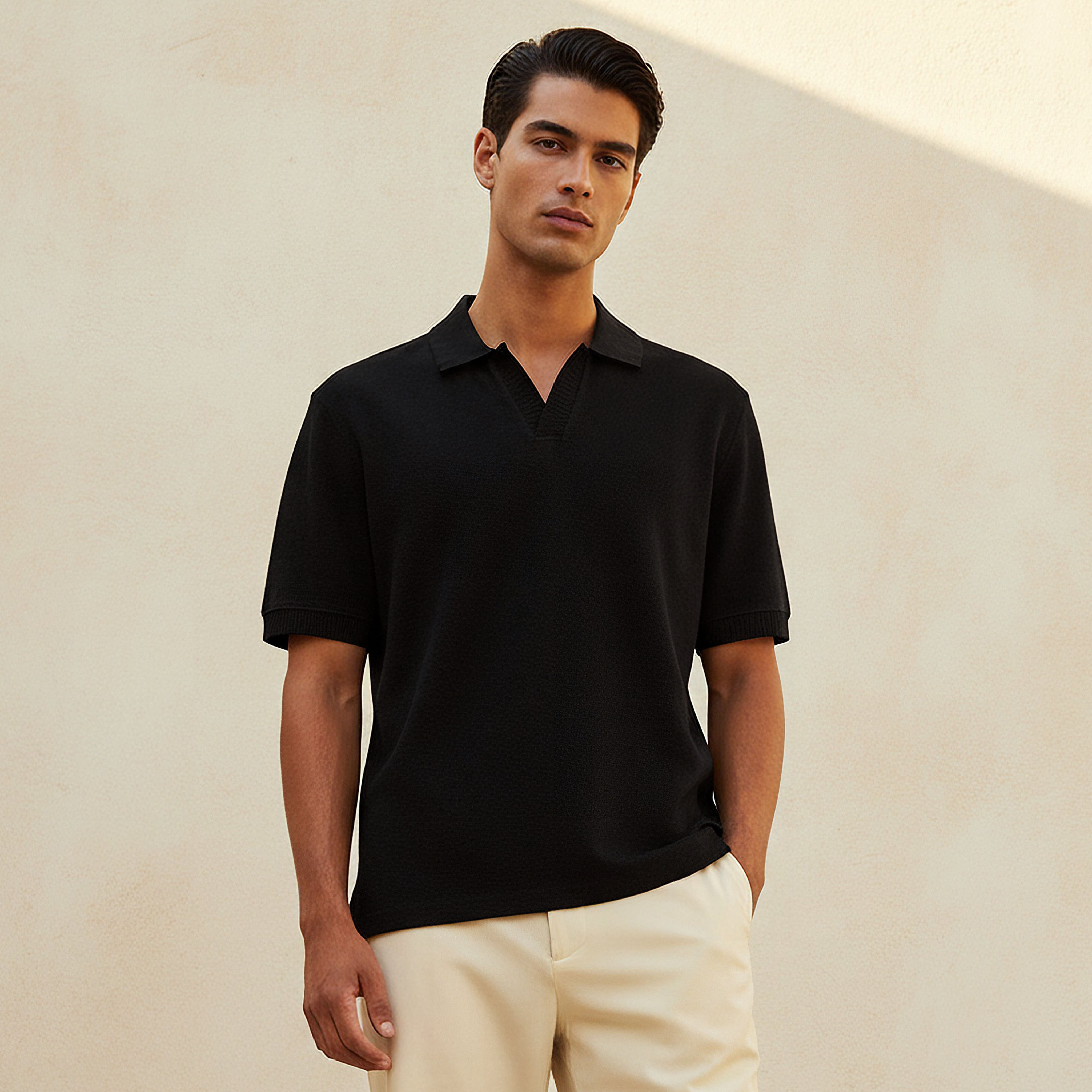 Men Short Sleeves Textured Johnny Collar Polo T-shirt-men-clothing-tshirtsandpolos-polos-image-1