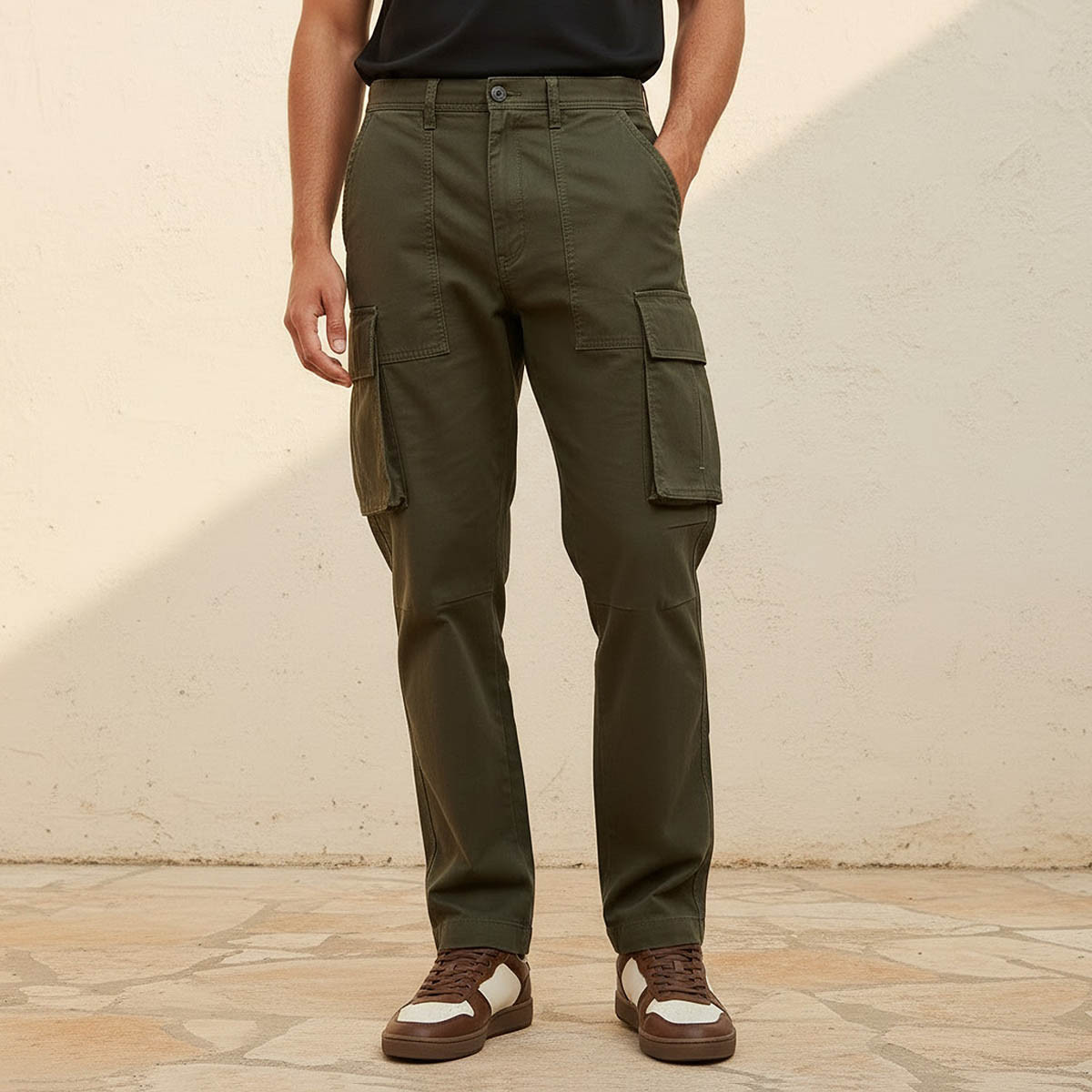 بنطلون كارجو تويل بقصة عادية للرجال-men-clothing-bottoms-trousersandchinos-trousers-image-1