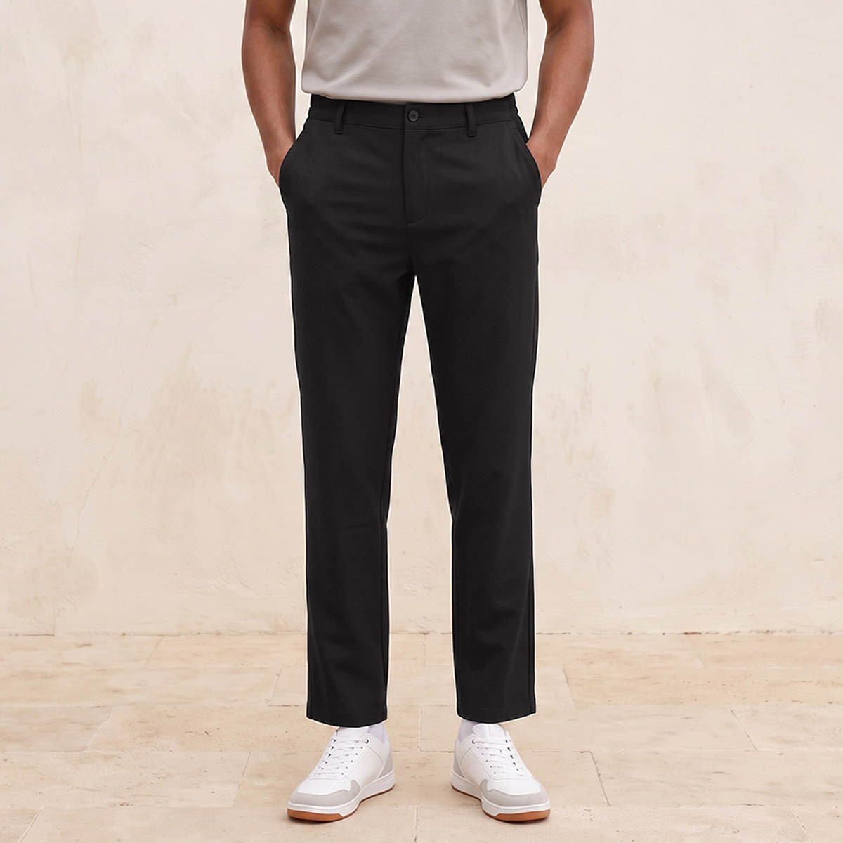 بنطلون ميلانج بقصة عادية من سبلاش سمارت-men-clothing-bottoms-trousersandchinos-trousers-image-1