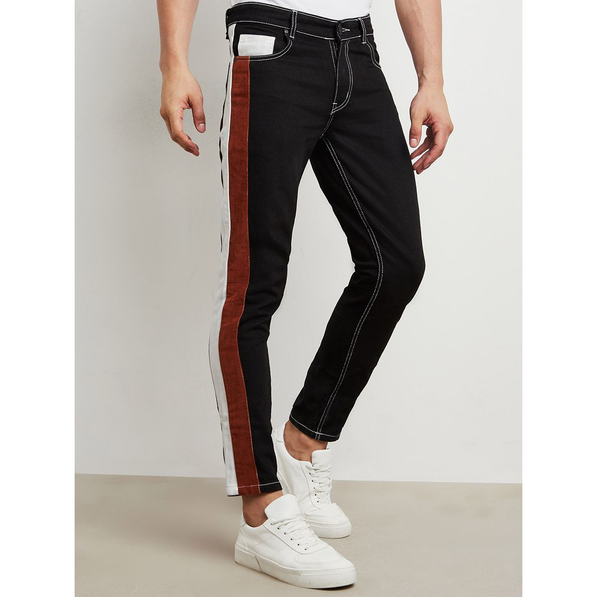 Side Tape Detail Contrast Stitch Ankle Length Jeans-men-clothing-jeans-image-1