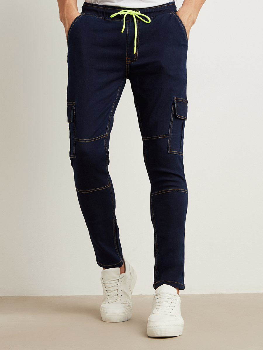 Cargo Pockets Slim Fit Jeans with Drawstring-men-clothing-bottoms-jeans-image-1