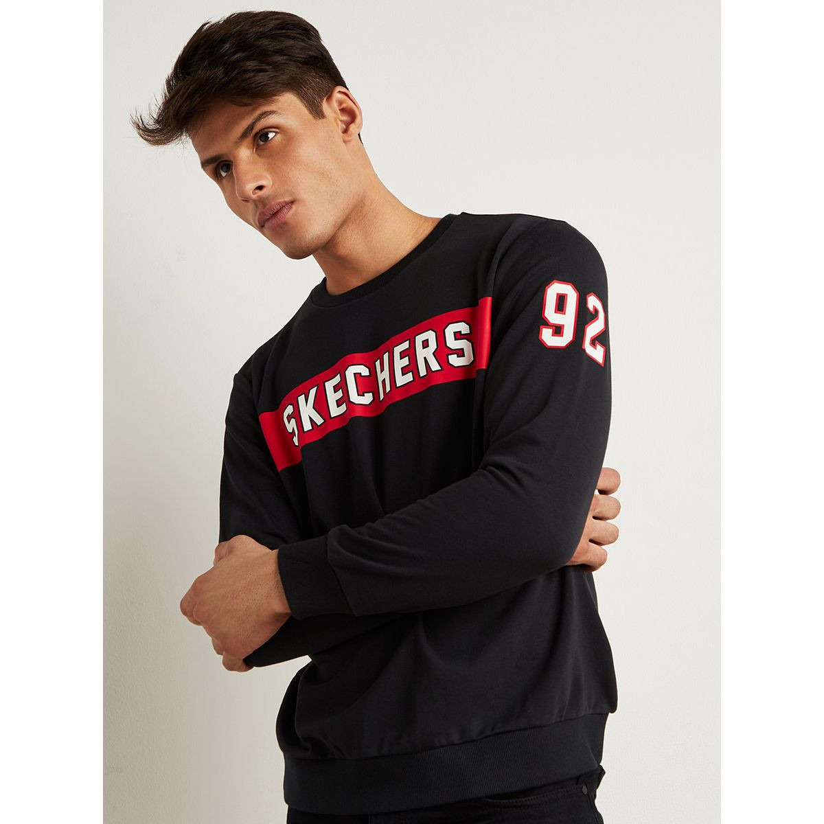 Skechers Wordmark Printed Round Neck Sweatshirt with Long Sleeves-men-winterwear-hoodiesandsweatshirts-image-1