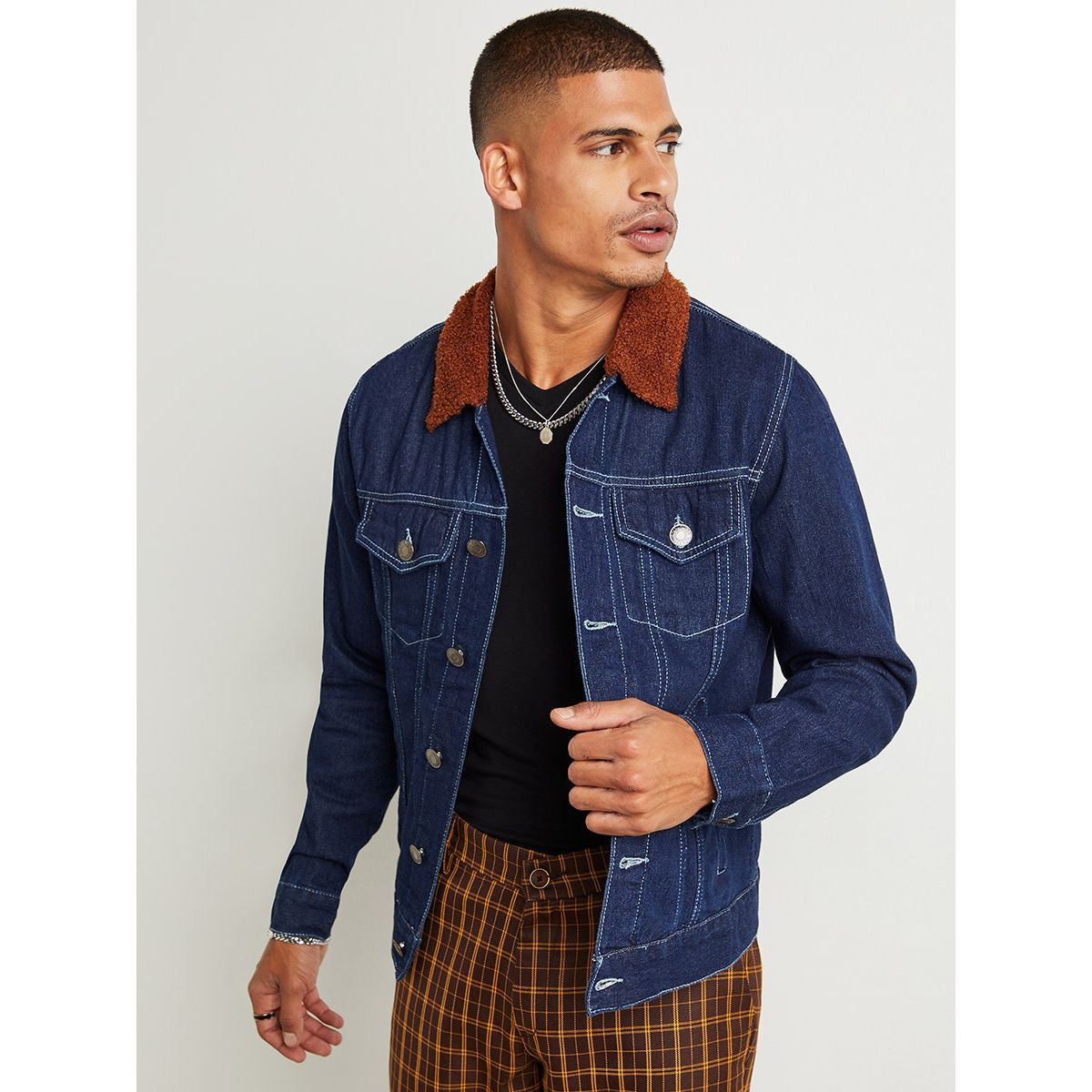 Styli Shearling Collar Denim Jacket with Button Closure-men-clothing-jacketsandblazers-jackets-image-1