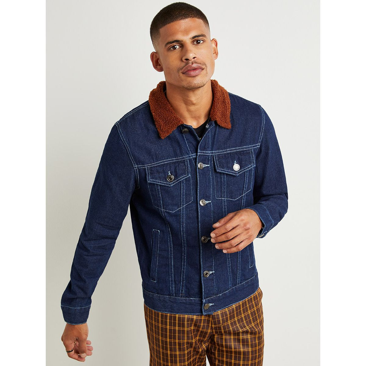 Styli Shearling Collar Denim Jacket with Button Closure-men-clothing-jacketsandblazers-jackets-image-5