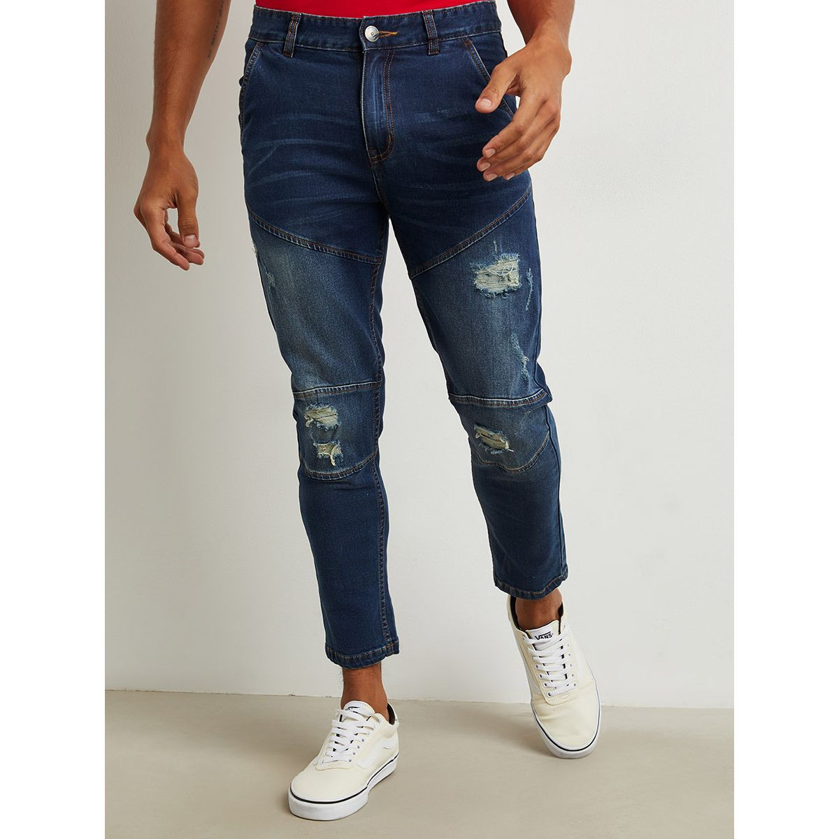 Buy Men s Cut and Sew Tapered Fit Distressed Jeans Online Centrepoint Oman