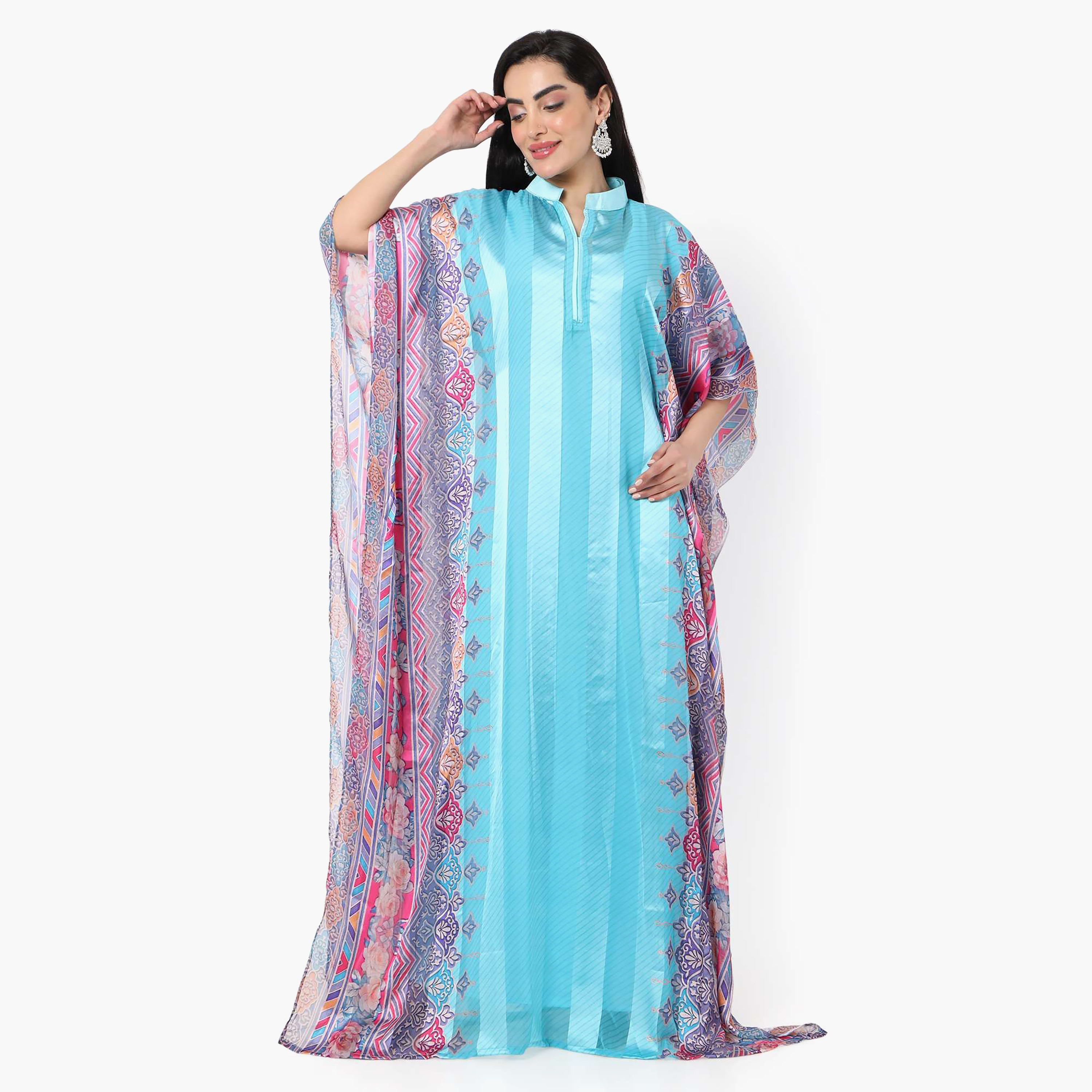 Hana & Sara Striped Collared Neck Flared Sleeves Women's Festive Kaftaan-women-arabicclothing-jalabiyas-image-9