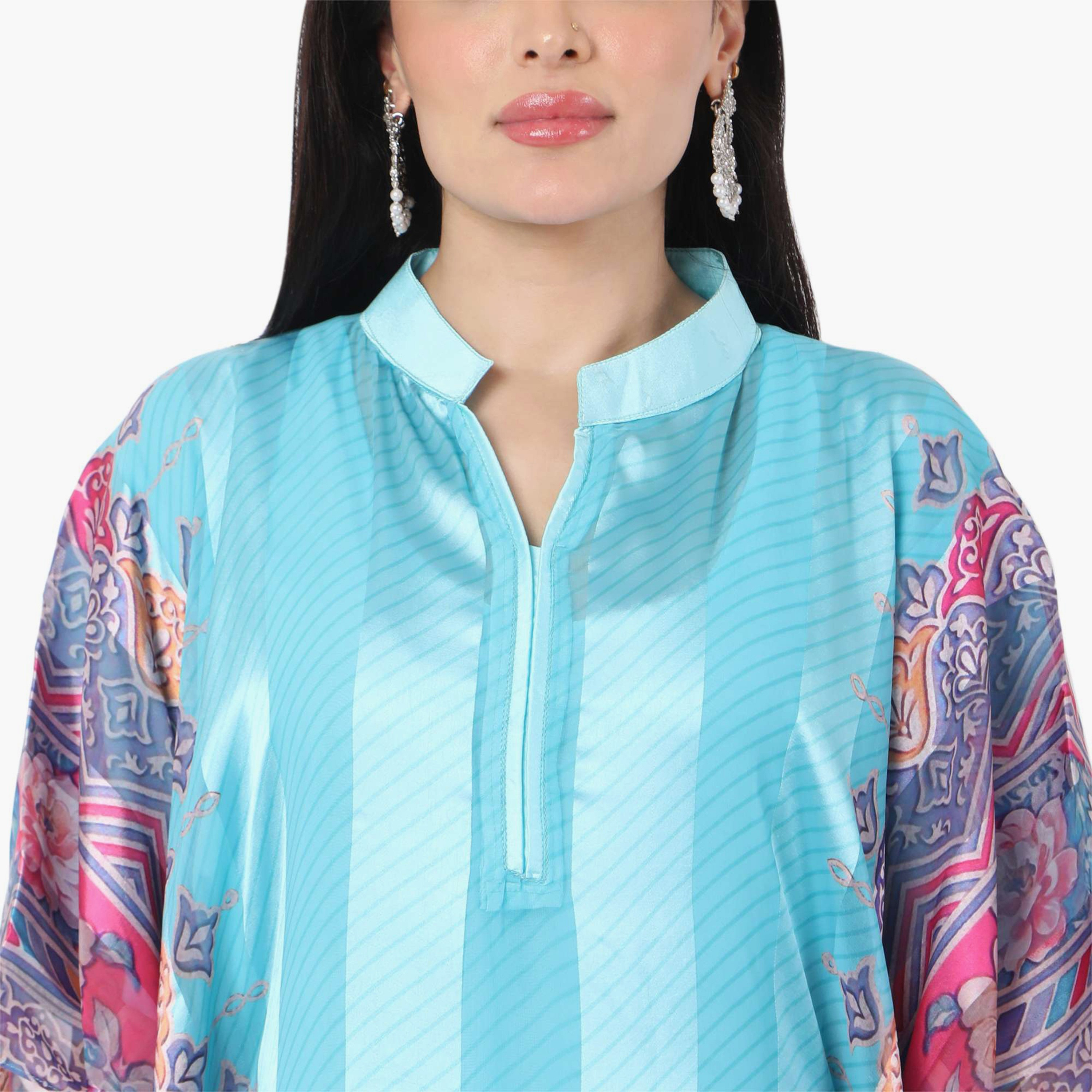 Hana & Sara Striped Collared Neck Flared Sleeves Women's Festive Kaftaan-women-arabicclothing-jalabiyas-image-10