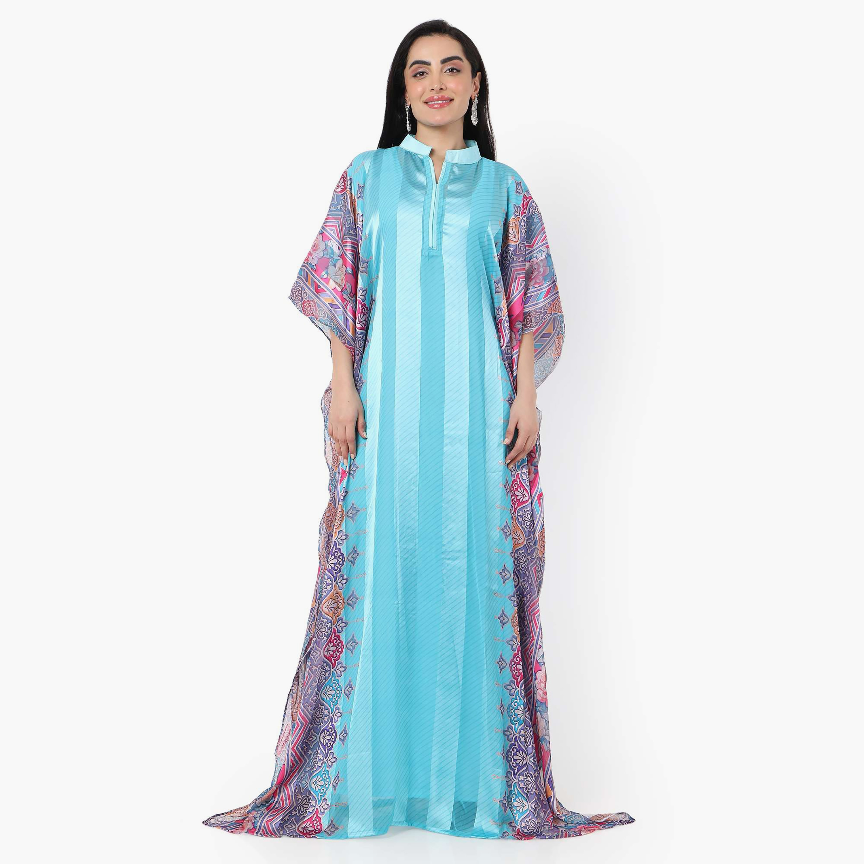 Hana & Sara Striped Collared Neck Flared Sleeves Women's Festive Kaftaan-women-arabicclothing-jalabiyas-image-11
