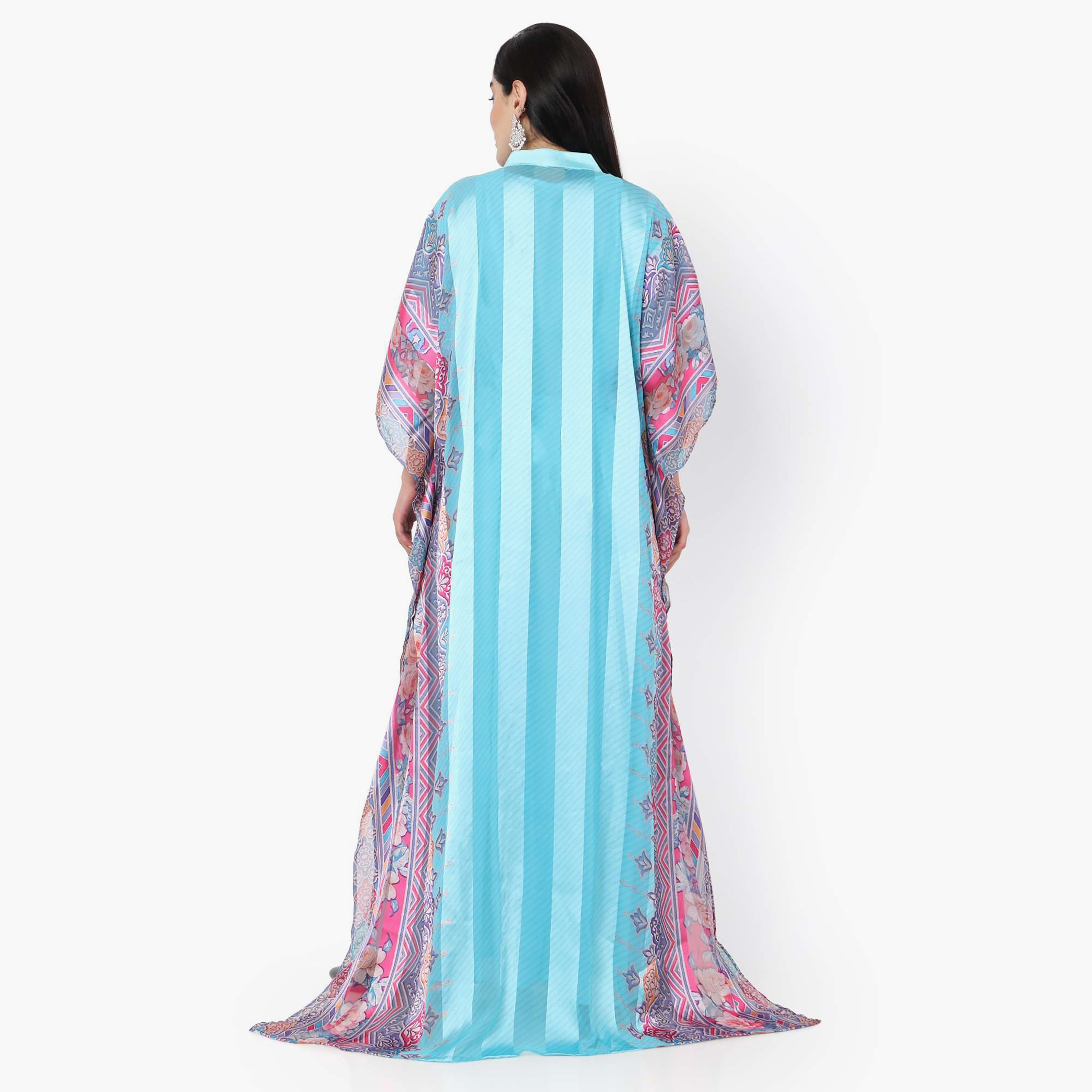 Hana & Sara Striped Collared Neck Flared Sleeves Women's Festive Kaftaan-women-arabicclothing-jalabiyas-image-12