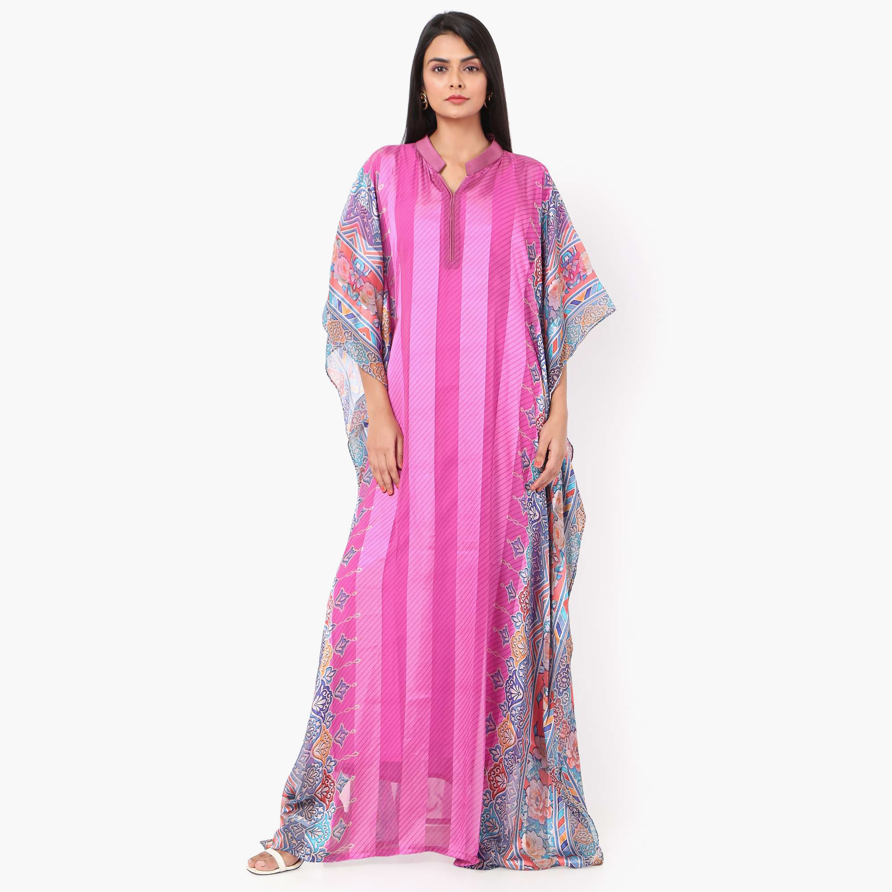 Hana & Sara Striped Collared Neck Flared Sleeves Women's Festive Kaftaan-women-arabicclothing-jalabiyas-image-1