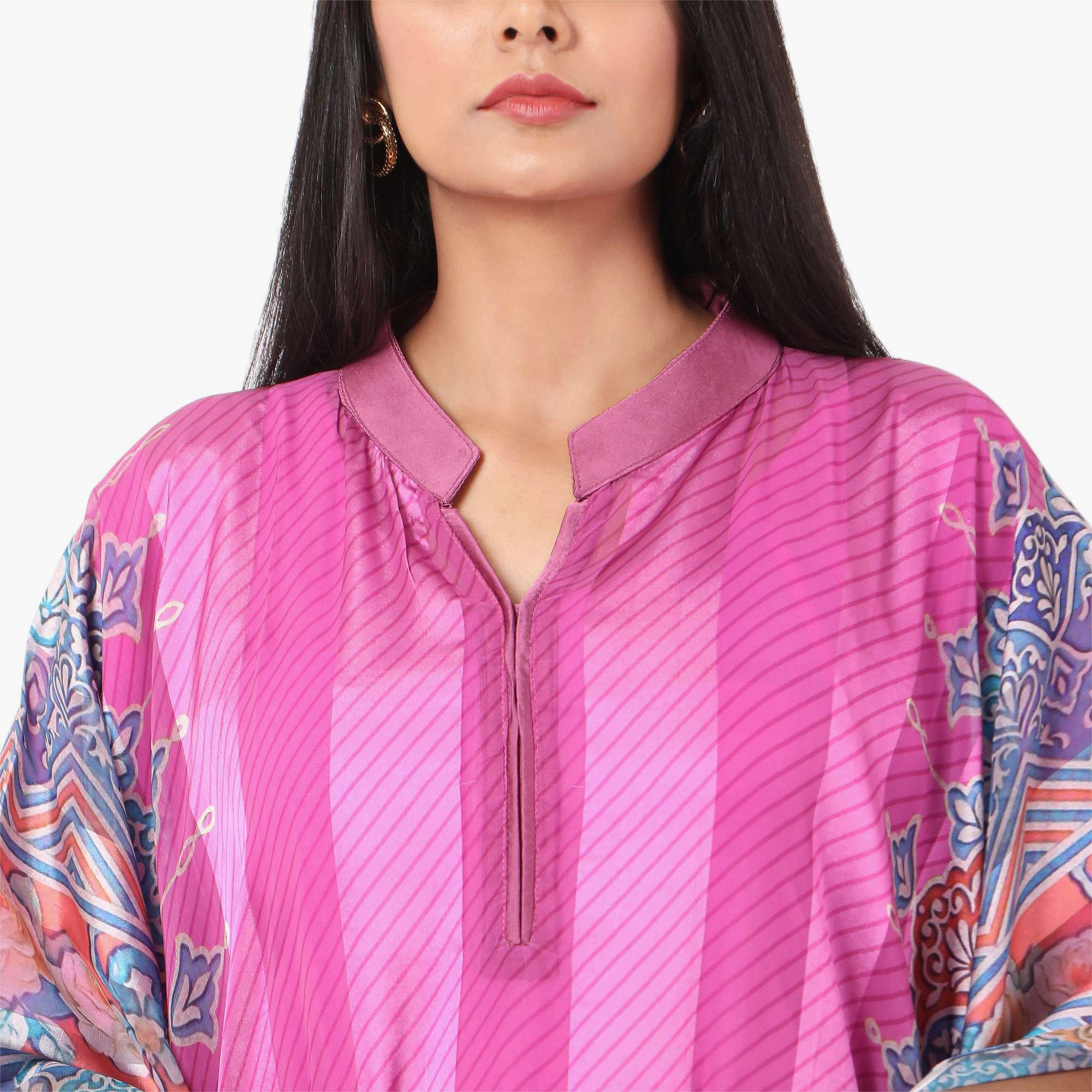 Hana & Sara Striped Collared Neck Flared Sleeves Women's Festive Kaftaan-women-arabicclothing-jalabiyas-image-2