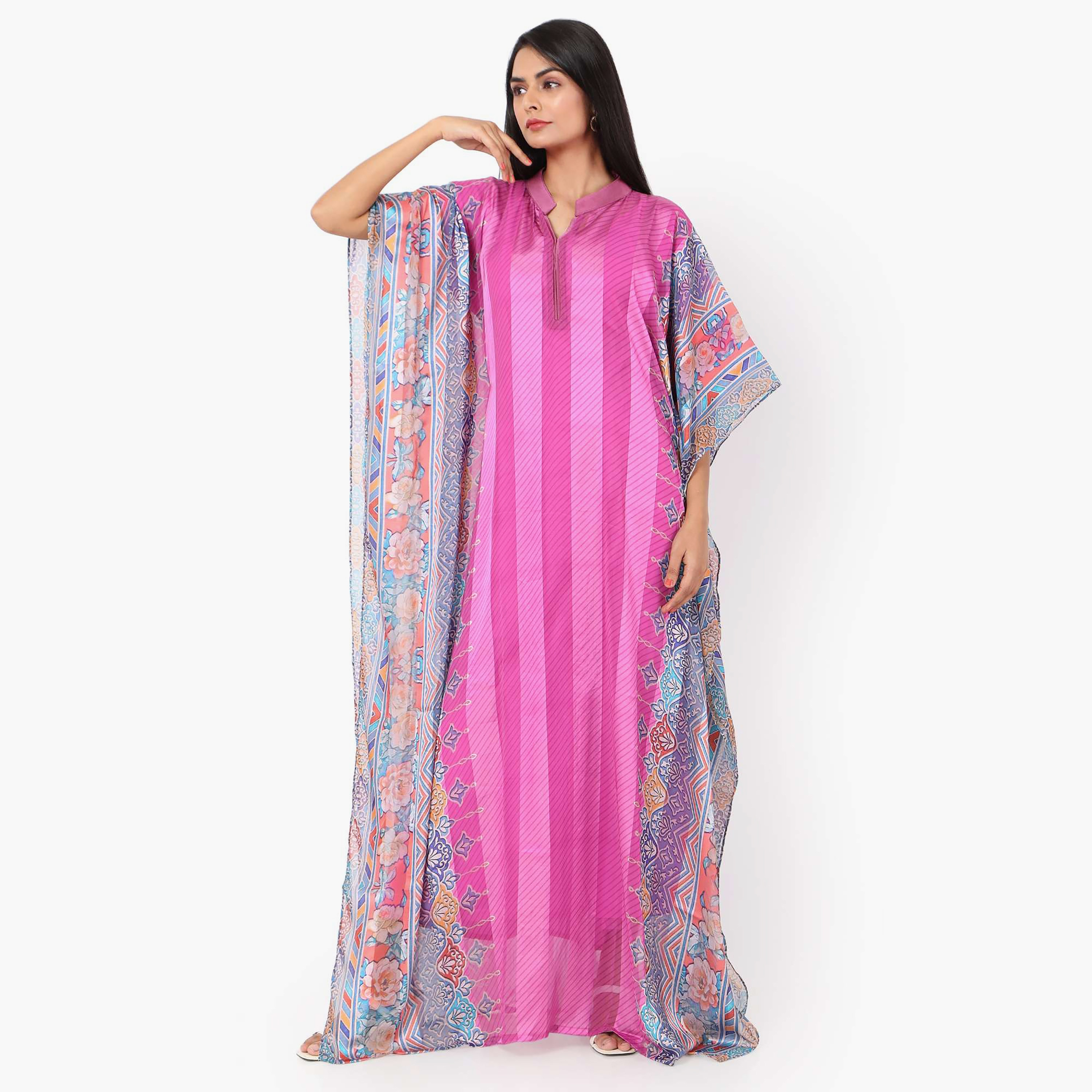 Hana & Sara Striped Collared Neck Flared Sleeves Women's Festive Kaftaan-women-arabicclothing-jalabiyas-image-3