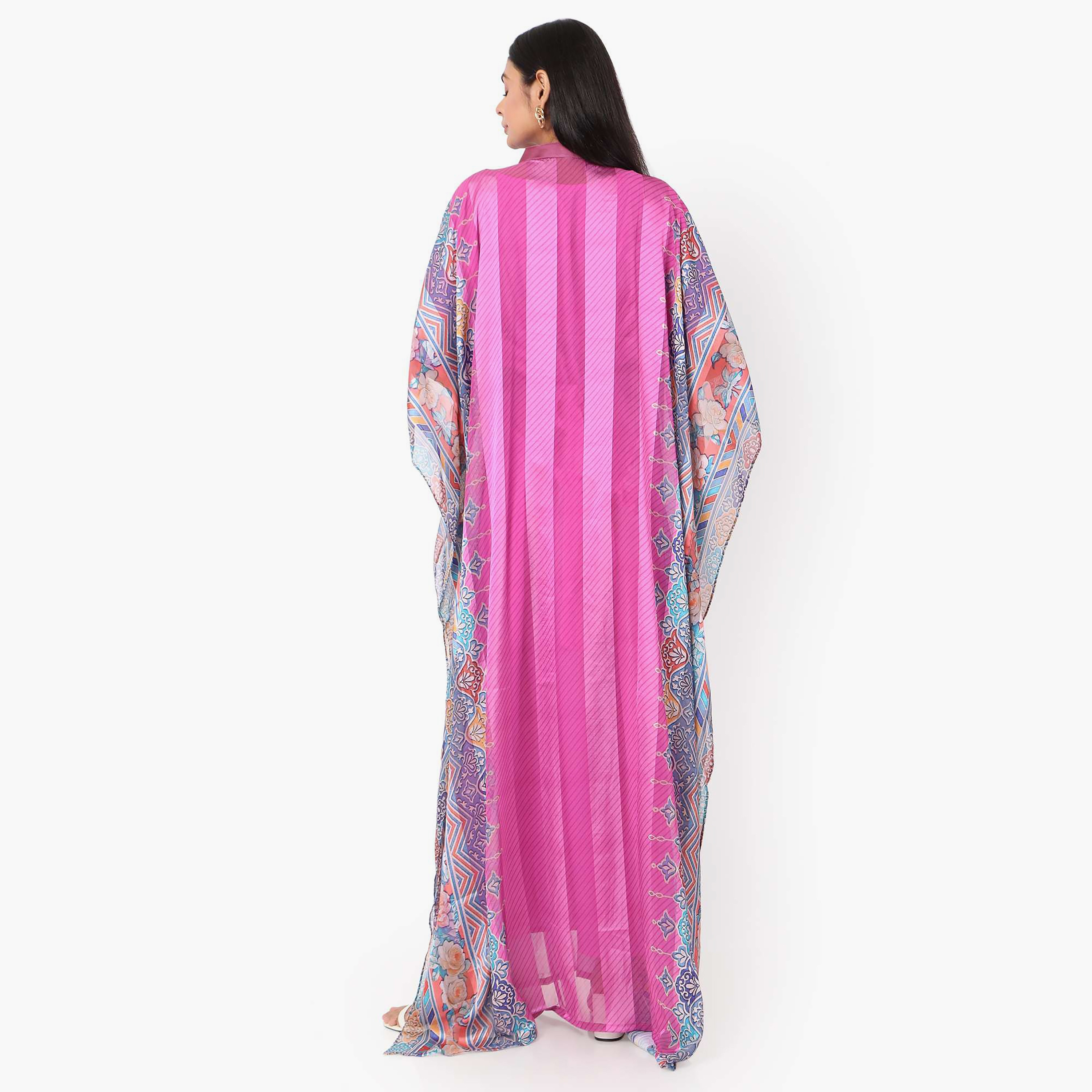 Hana & Sara Striped Collared Neck Flared Sleeves Women's Festive Kaftaan-women-arabicclothing-jalabiyas-image-4