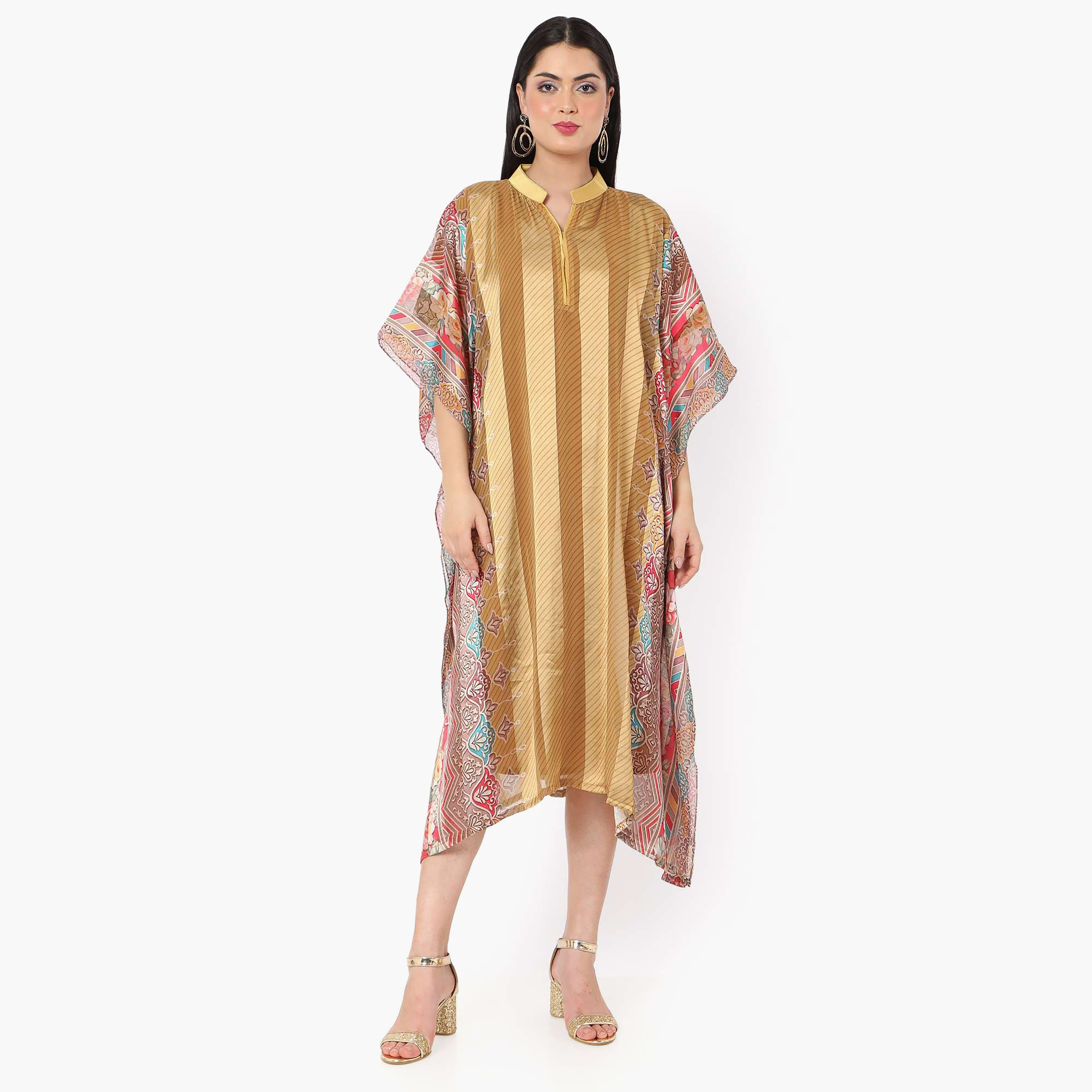 Hana & Sara Striped Collared Neck Flared Sleeves Women's Festive Kaftaan-women-arabicclothing-jalabiyas-image-5