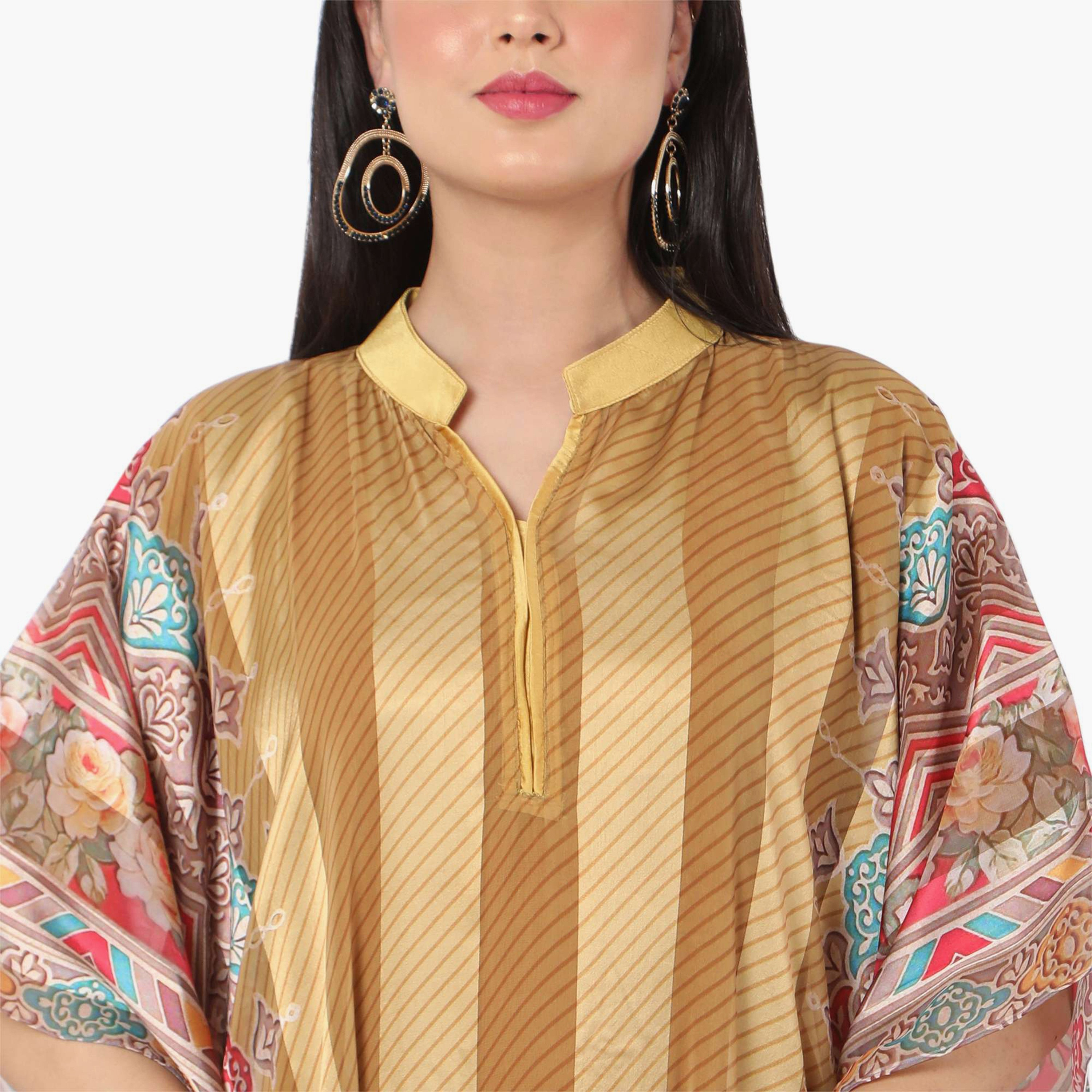 Hana & Sara Striped Collared Neck Flared Sleeves Women's Festive Kaftaan-women-arabicclothing-jalabiyas-image-6