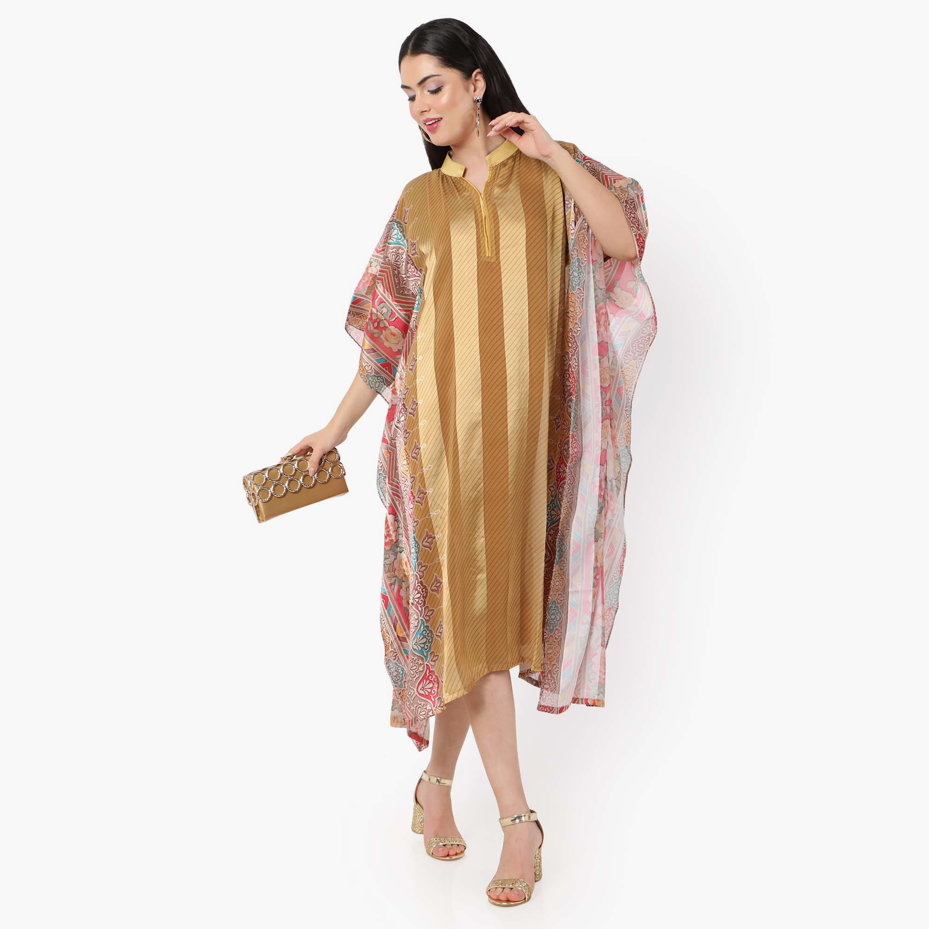 Hana & Sara Striped Collared Neck Flared Sleeves Women's Festive Kaftaan-women-arabicclothing-jalabiyas-image-7