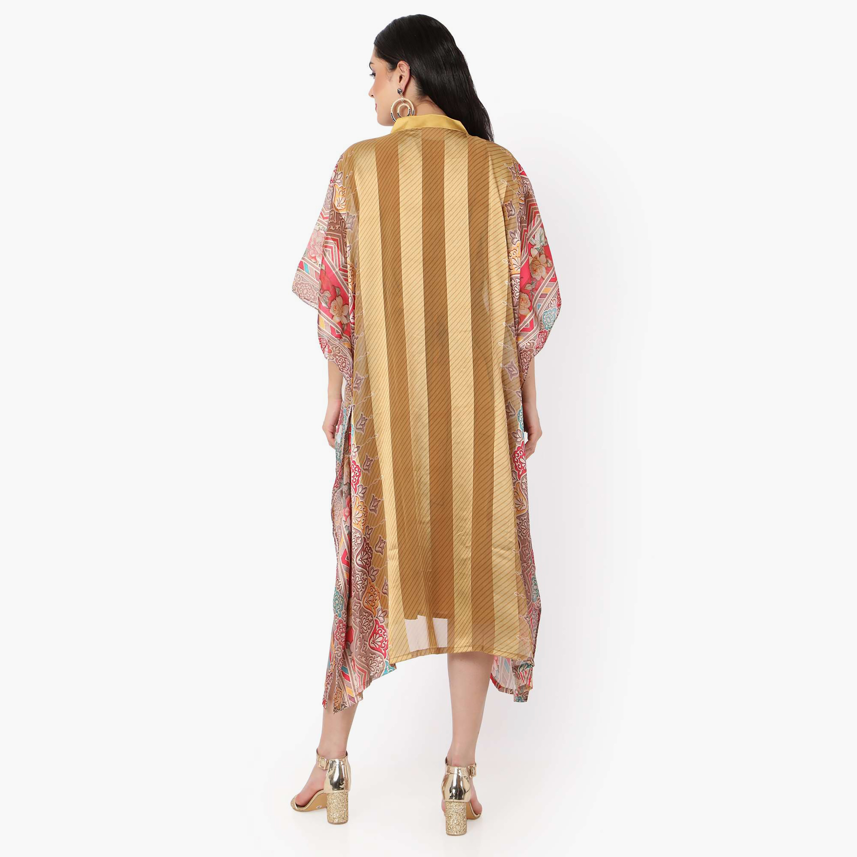 Hana & Sara Striped Collared Neck Flared Sleeves Women's Festive Kaftaan-women-arabicclothing-jalabiyas-image-8