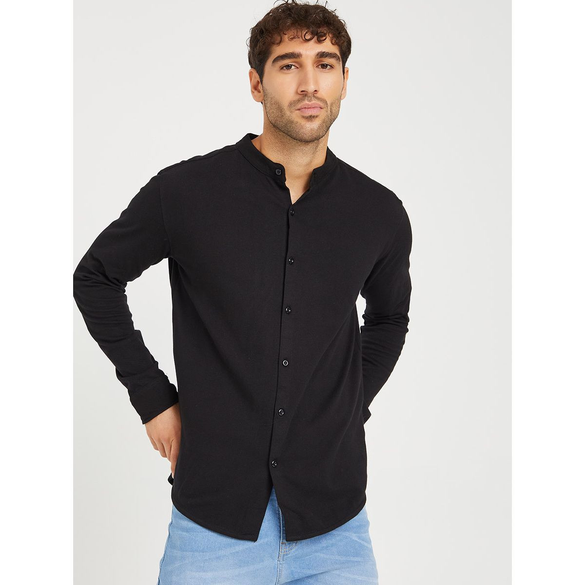 Styli Solid Grandad Collar Knitted Shirt with Button Closure-men-clothing-shirts-image-1