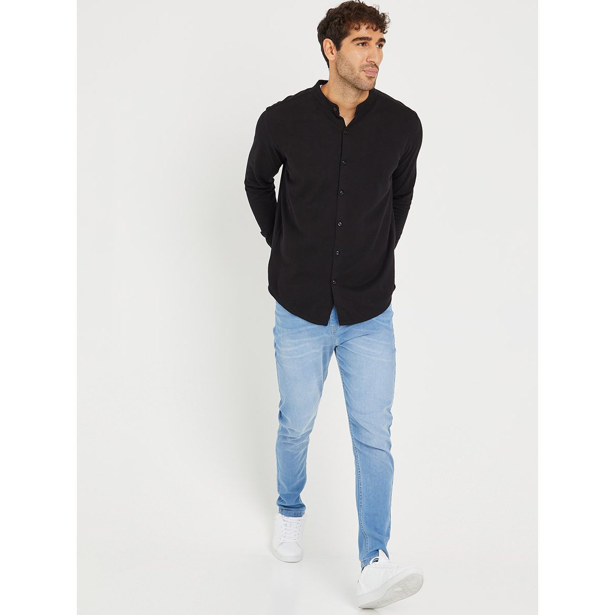 Styli Solid Grandad Collar Knitted Shirt with Button Closure-men-clothing-shirts-image-2