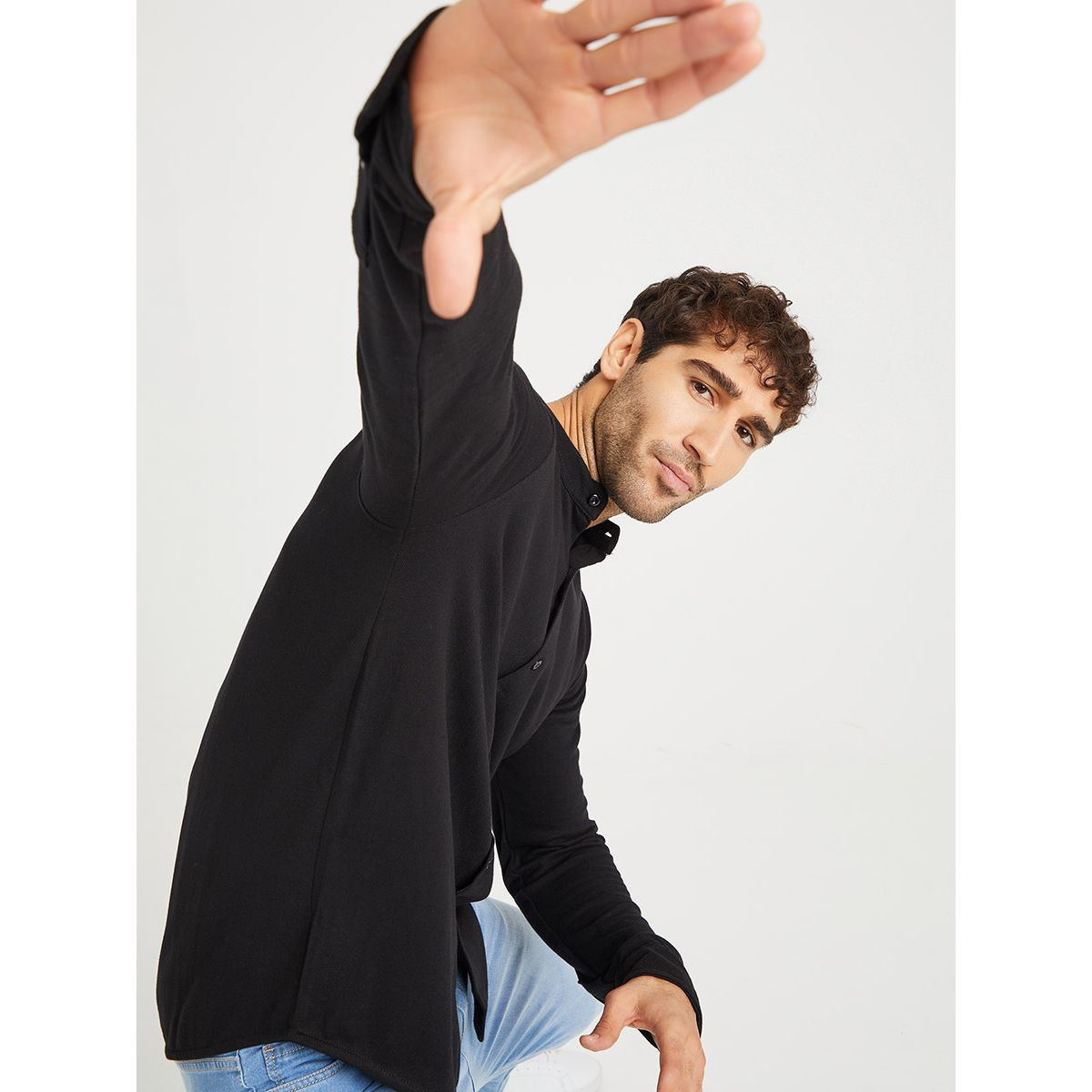 Styli Solid Grandad Collar Knitted Shirt with Button Closure-men-clothing-shirts-image-3