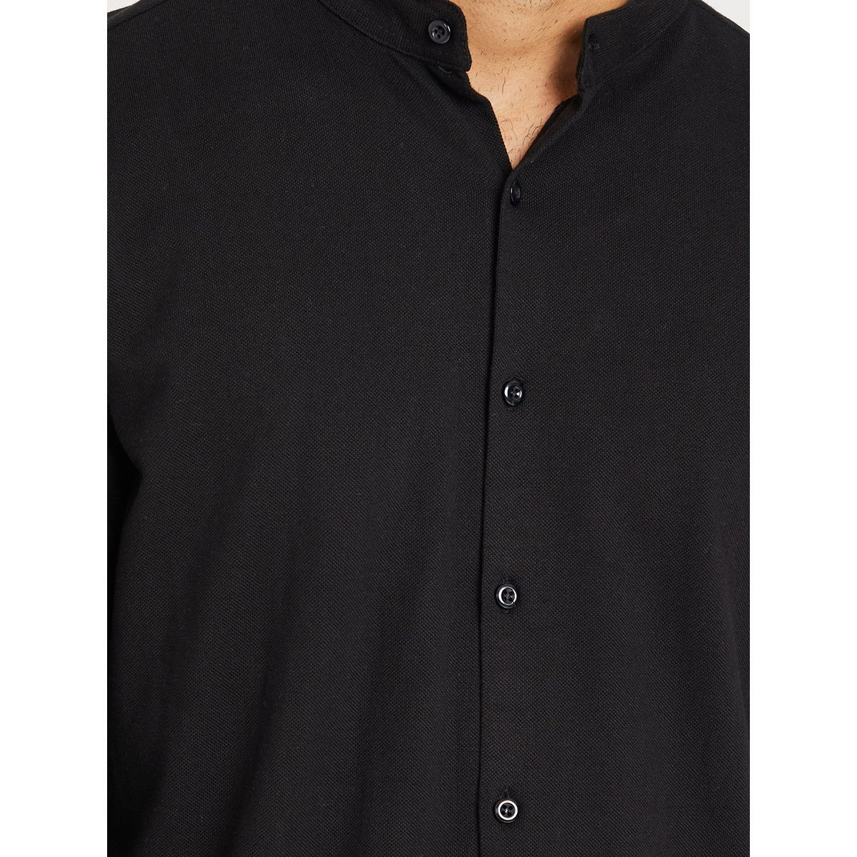 Styli Solid Grandad Collar Knitted Shirt with Button Closure-men-clothing-shirts-image-4