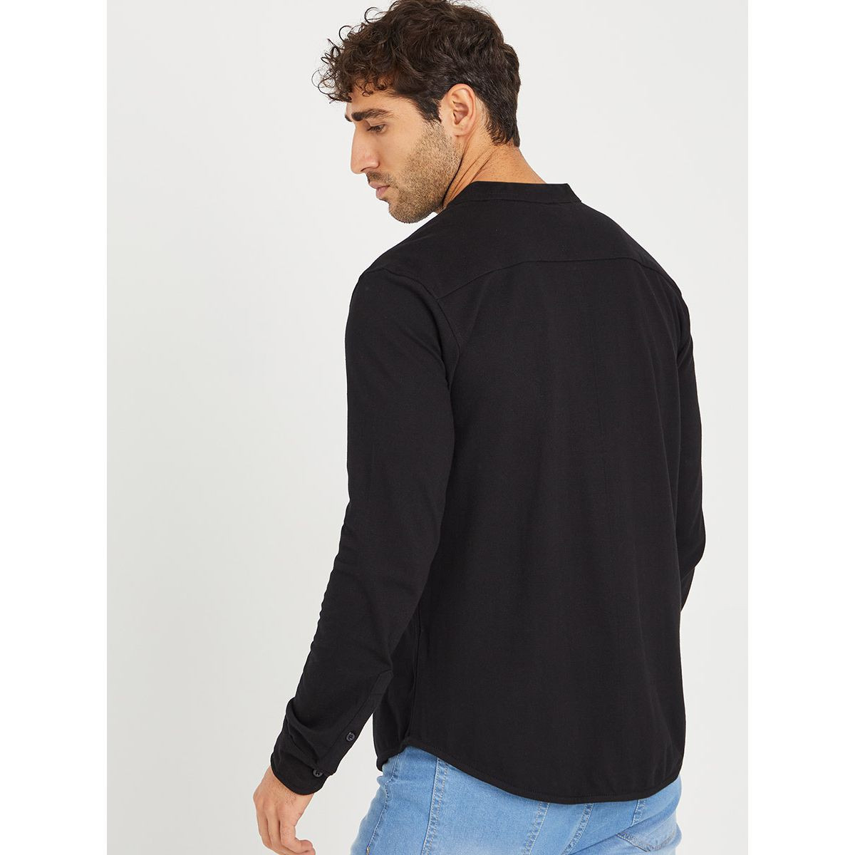 Styli Solid Grandad Collar Knitted Shirt with Button Closure-men-clothing-shirts-image-5