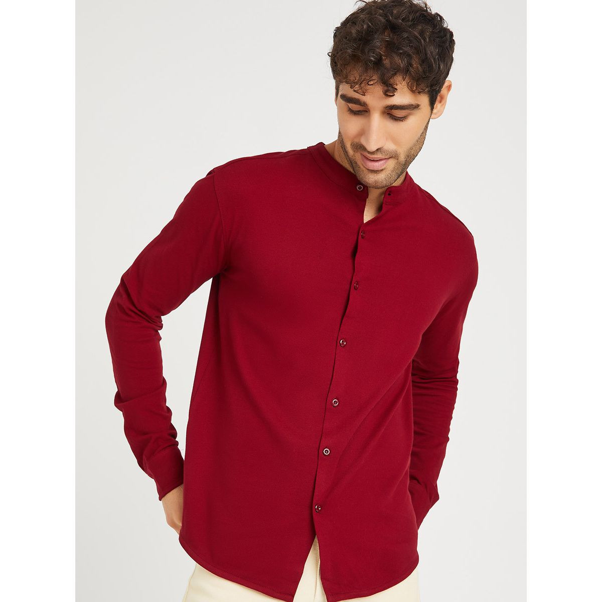Styli Solid Grandad Collar Knitted Shirt with Button Closure-men-clothing-shirts-image-1