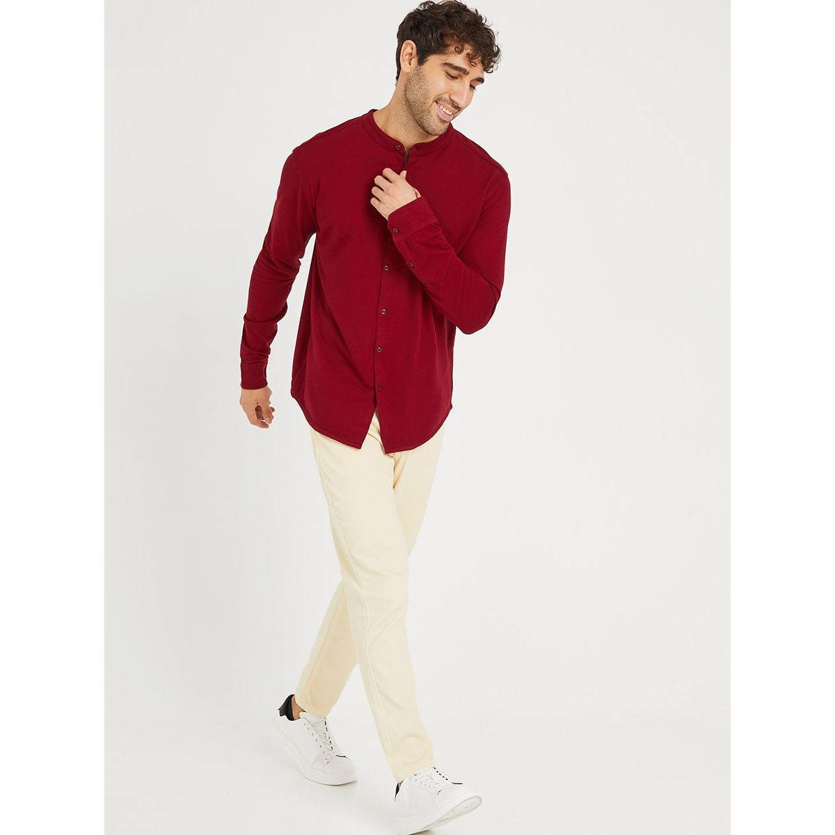 Styli Solid Grandad Collar Knitted Shirt with Button Closure-men-clothing-shirts-image-2
