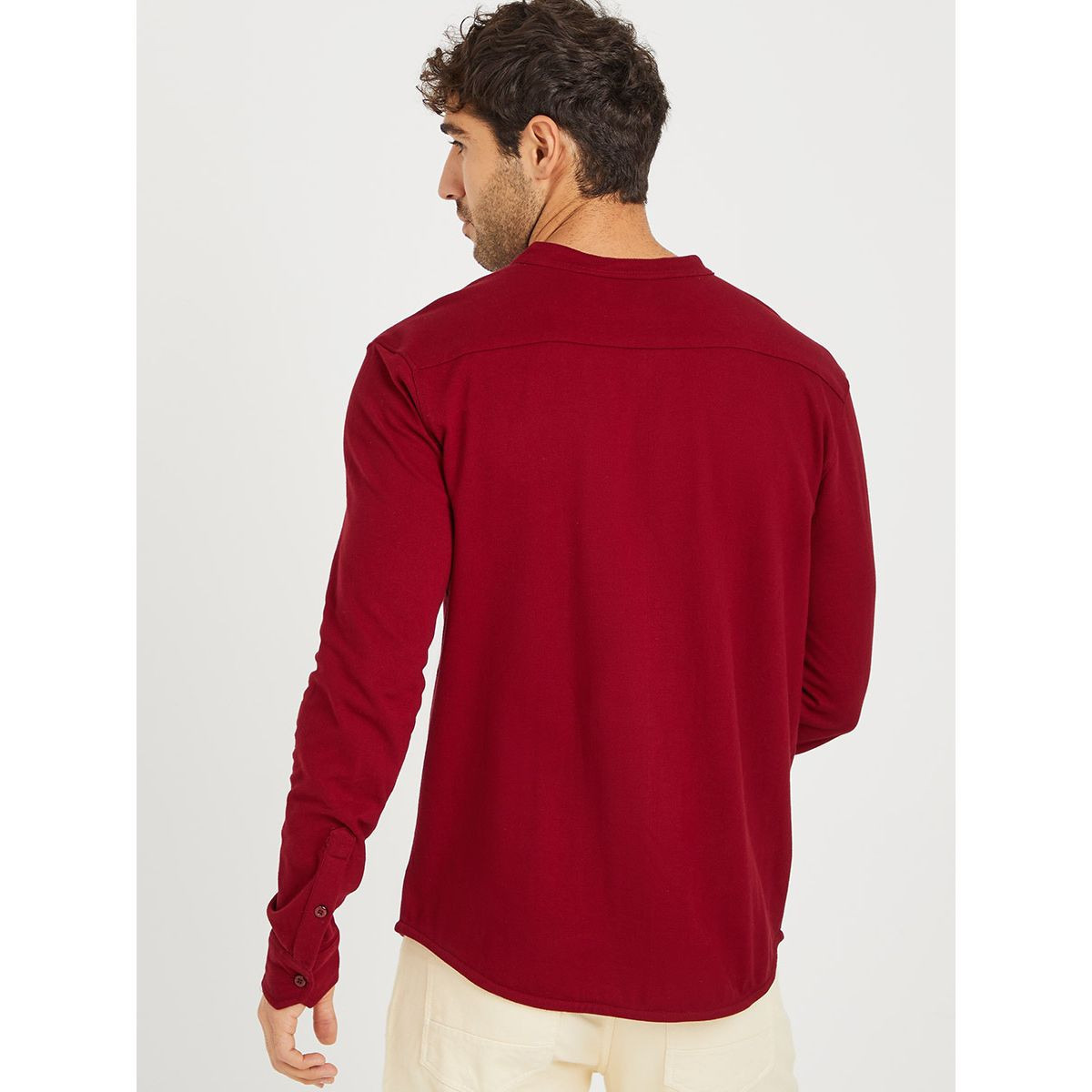 Styli Solid Grandad Collar Knitted Shirt with Button Closure-men-clothing-shirts-image-4