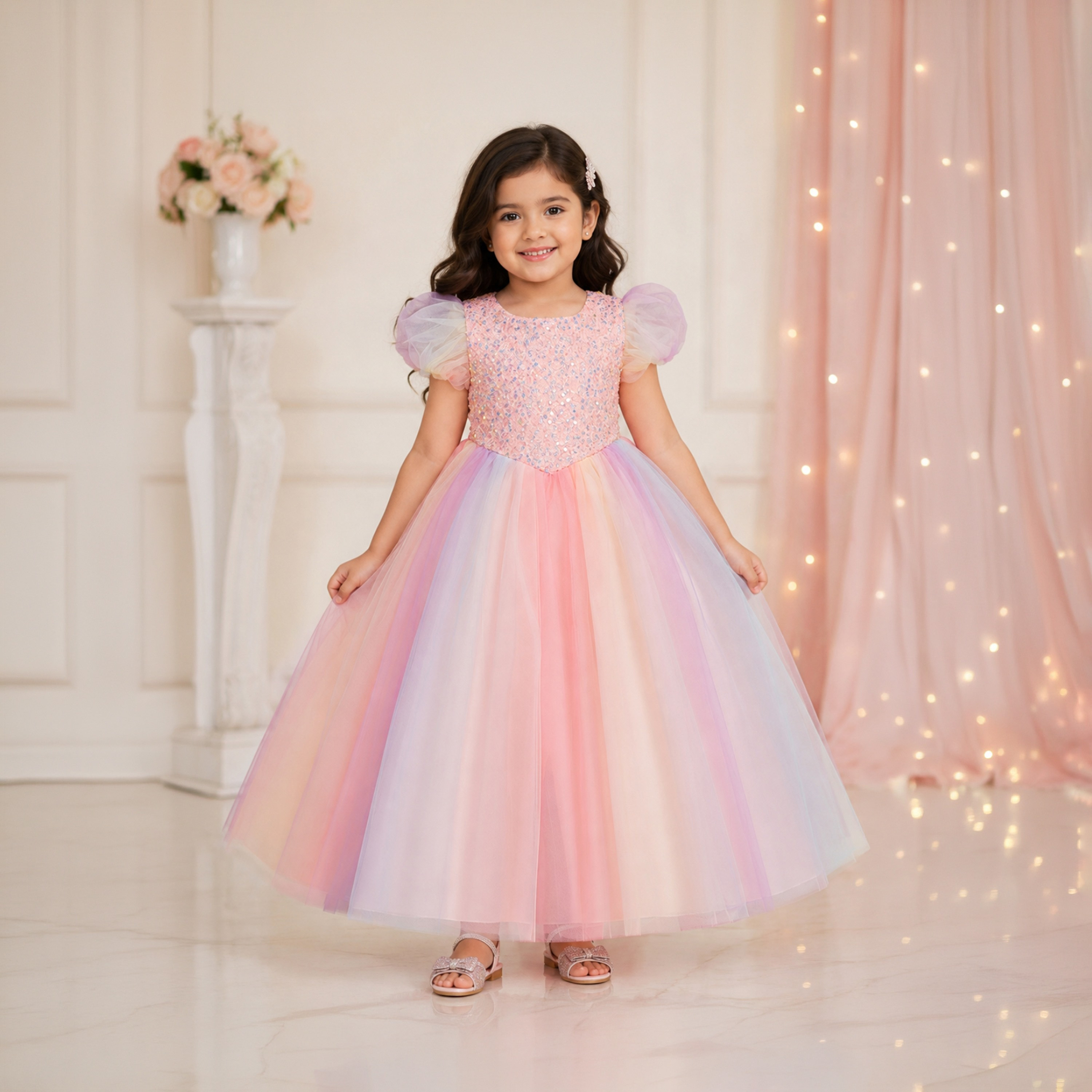 Babyqlo Short Sleeves Embellished Rainbow Princess Long Gown Dress-girls-clothing-dressesandjumpsuits-image-1