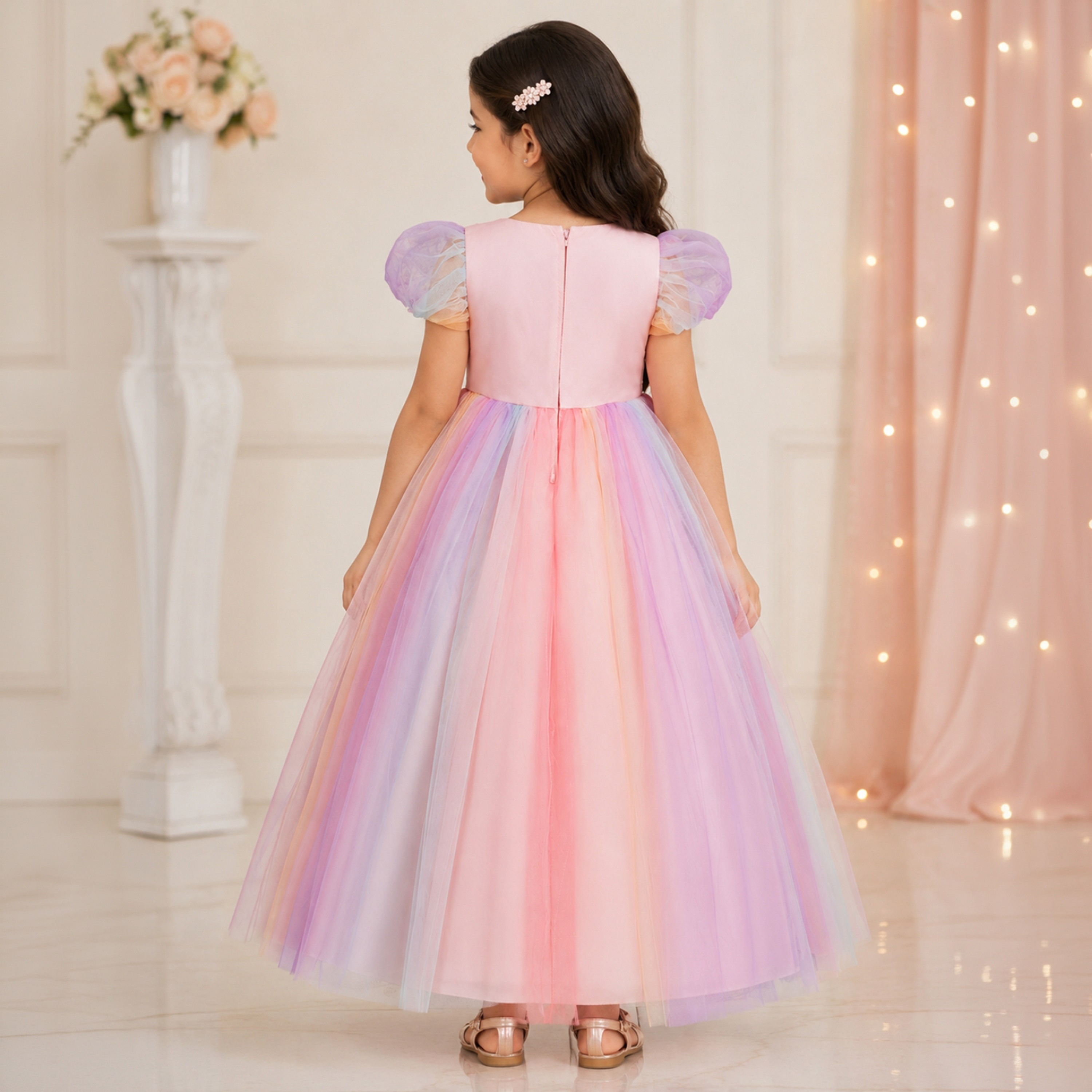 فستان أميرات مزين برسمة قوس قزح بأكمام قصيرة وقصة طويلة من بيبيكلو-girls-clothing-dressesandjumpsuits-image-3