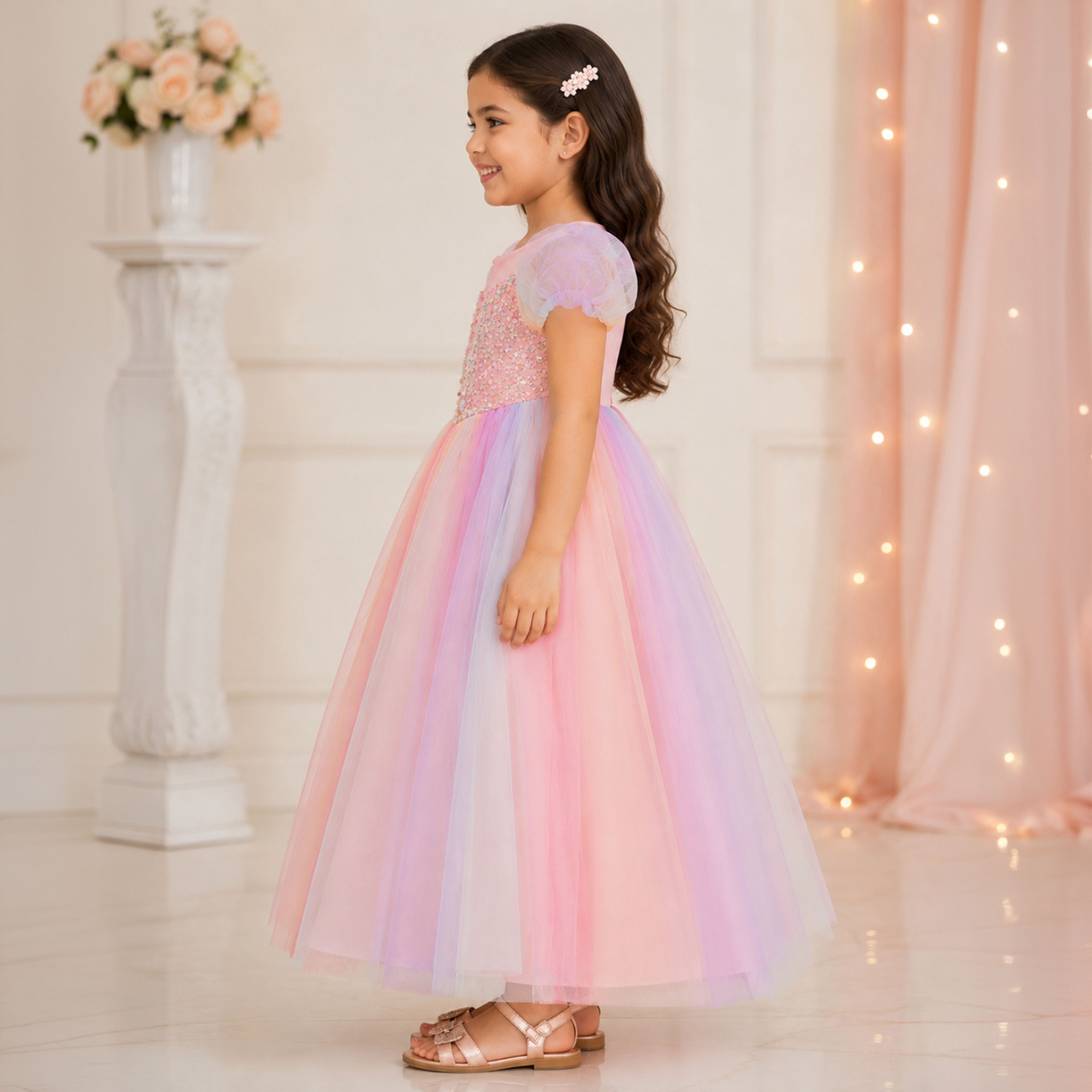 فستان أميرات مزين برسمة قوس قزح بأكمام قصيرة وقصة طويلة من بيبيكلو-girls-clothing-dressesandjumpsuits-image-4