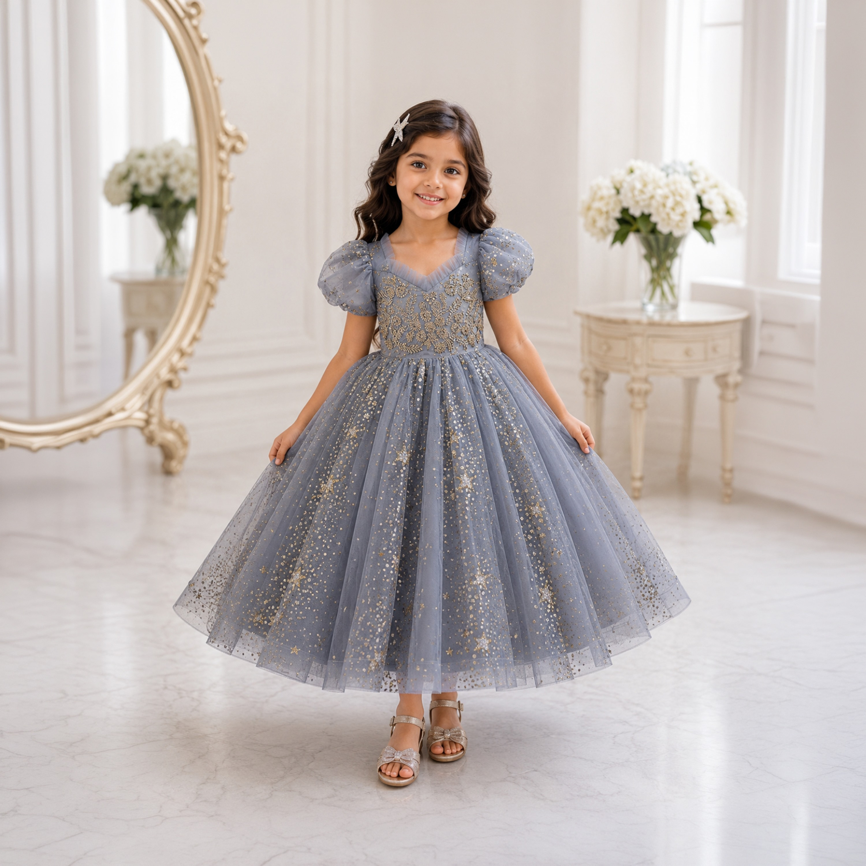 Babyqlo Short Puff Sleeves Princess Glitter Long Gown Dress-girls-clothing-dressesandjumpsuits-image-1