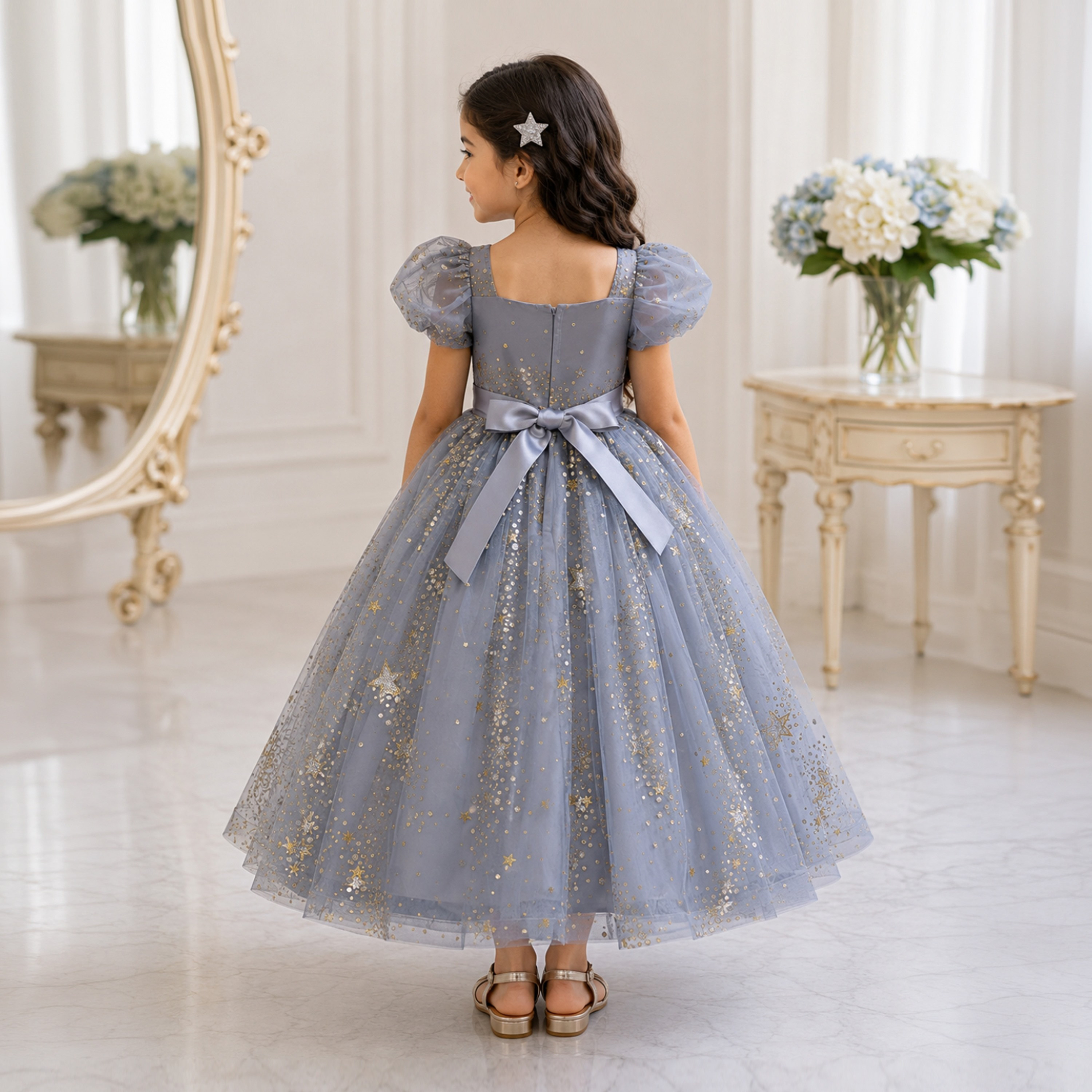 Babyqlo Short Puff Sleeves Princess Glitter Long Gown Dress-girls-clothing-dressesandjumpsuits-image-3