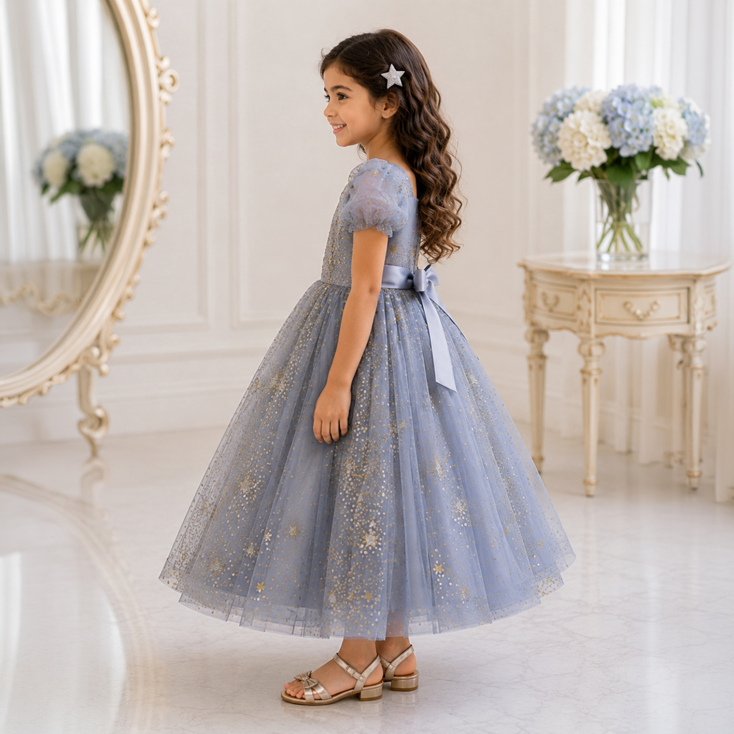Babyqlo Short Puff Sleeves Princess Glitter Long Gown Dress-girls-clothing-dressesandjumpsuits-image-4