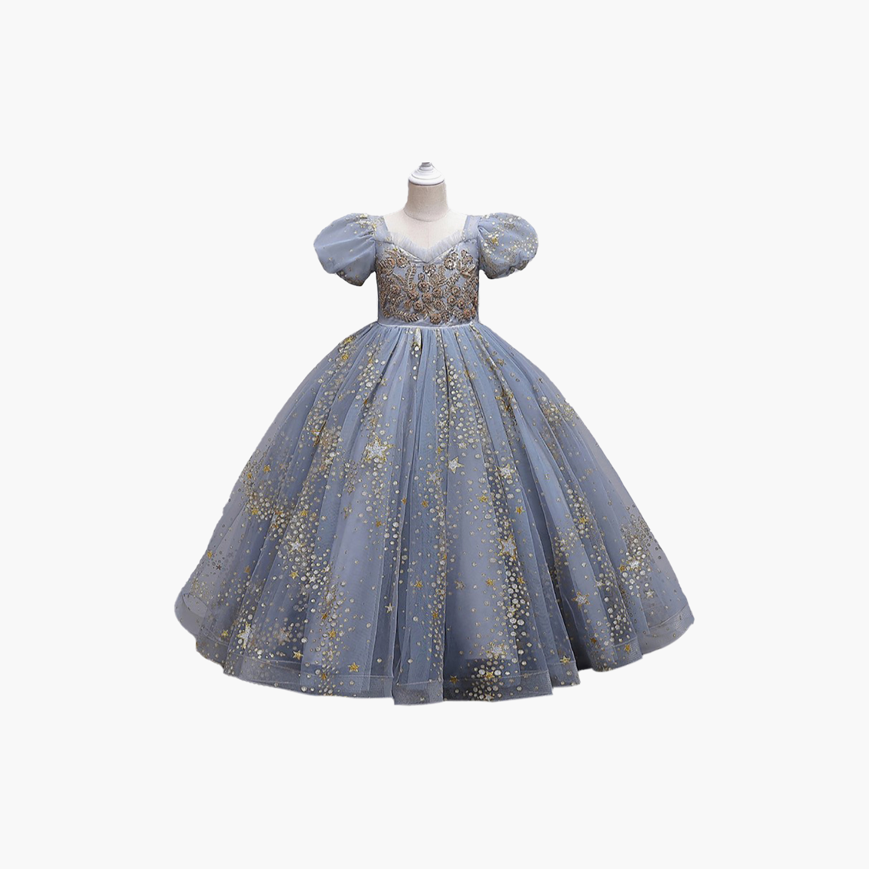 Babyqlo Short Puff Sleeves Princess Glitter Long Gown Dress-girls-clothing-dressesandjumpsuits-image-5