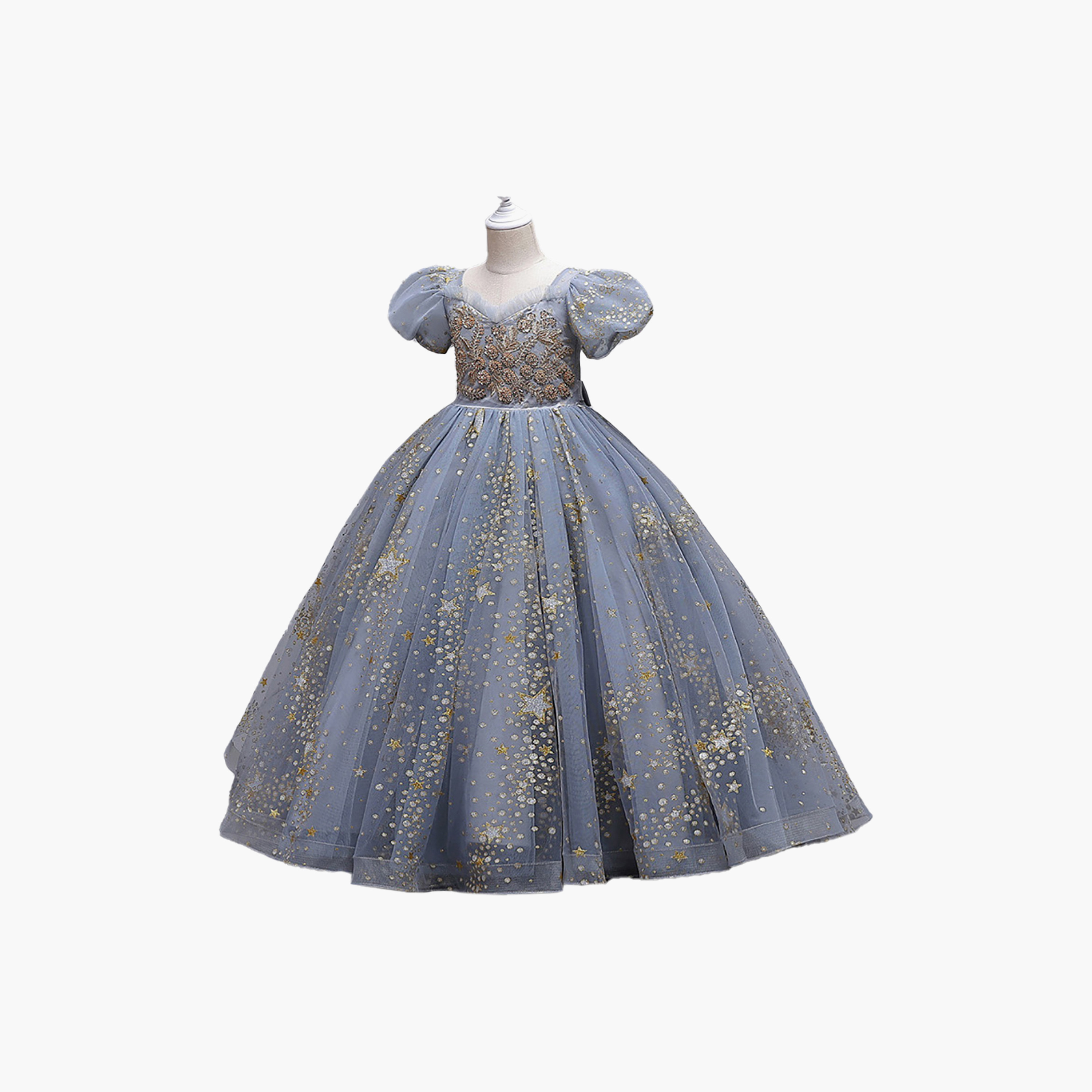 Babyqlo Short Puff Sleeves Princess Glitter Long Gown Dress-girls-clothing-dressesandjumpsuits-image-6