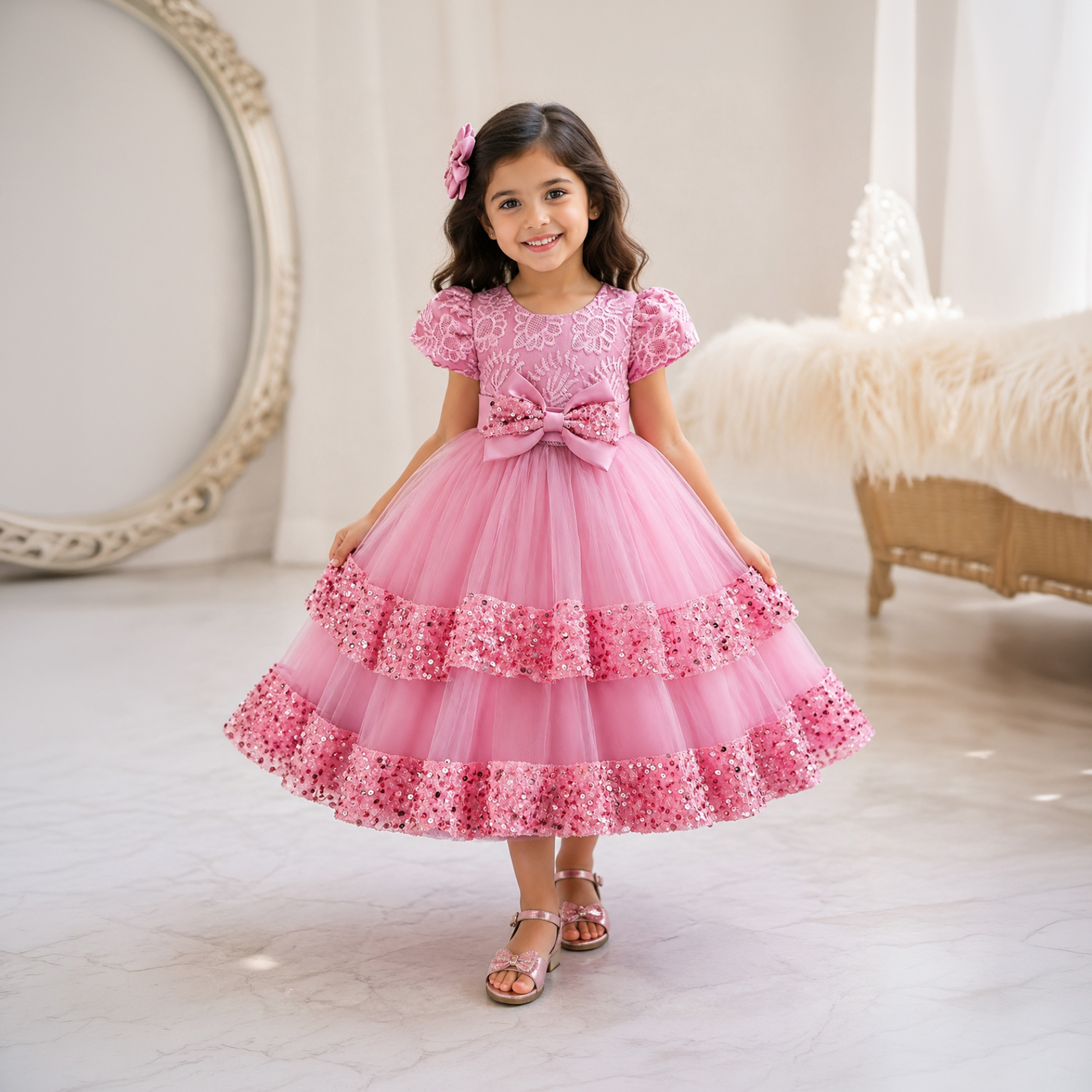 فستان أميرات من الدانتيل المطرز بأكمام قصيرة وفراشة من بيبيكلو-girls-clothing-dressesandjumpsuits-image-1
