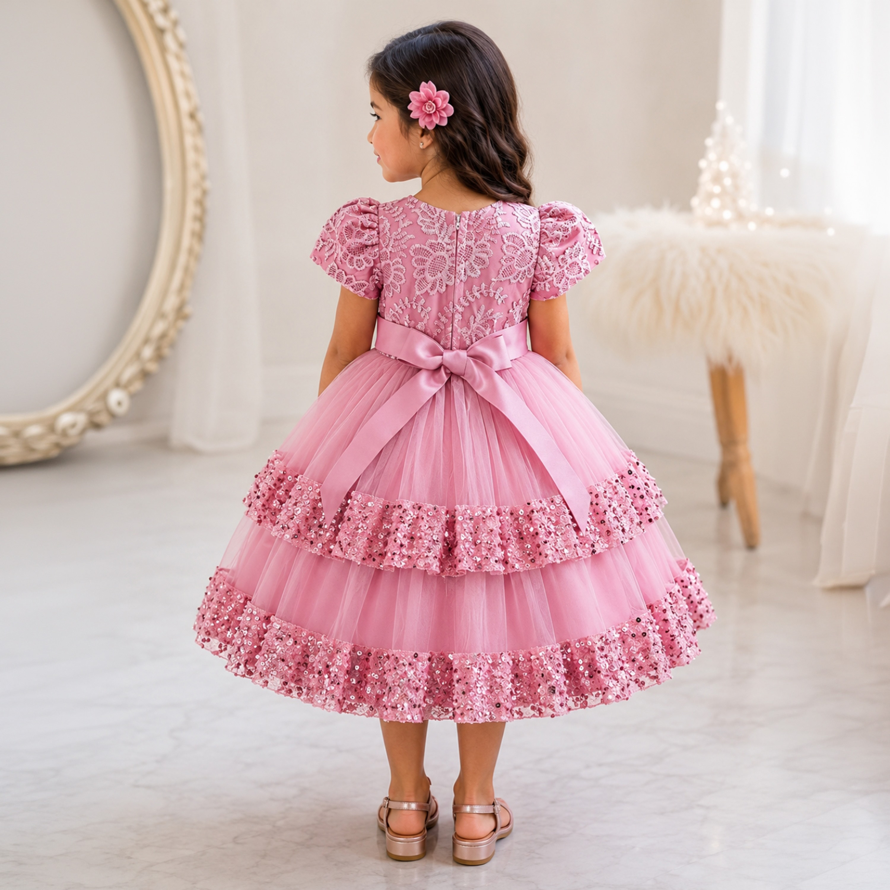 فستان أميرات من الدانتيل المطرز بأكمام قصيرة وفراشة من بيبيكلو-girls-clothing-dressesandjumpsuits-image-2