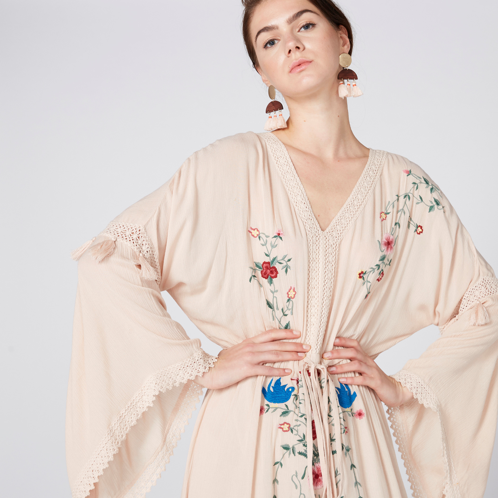 Buy Embroidered Maxi Dress with Bell Sleeves and Tie Up Detail Splash Bahrain