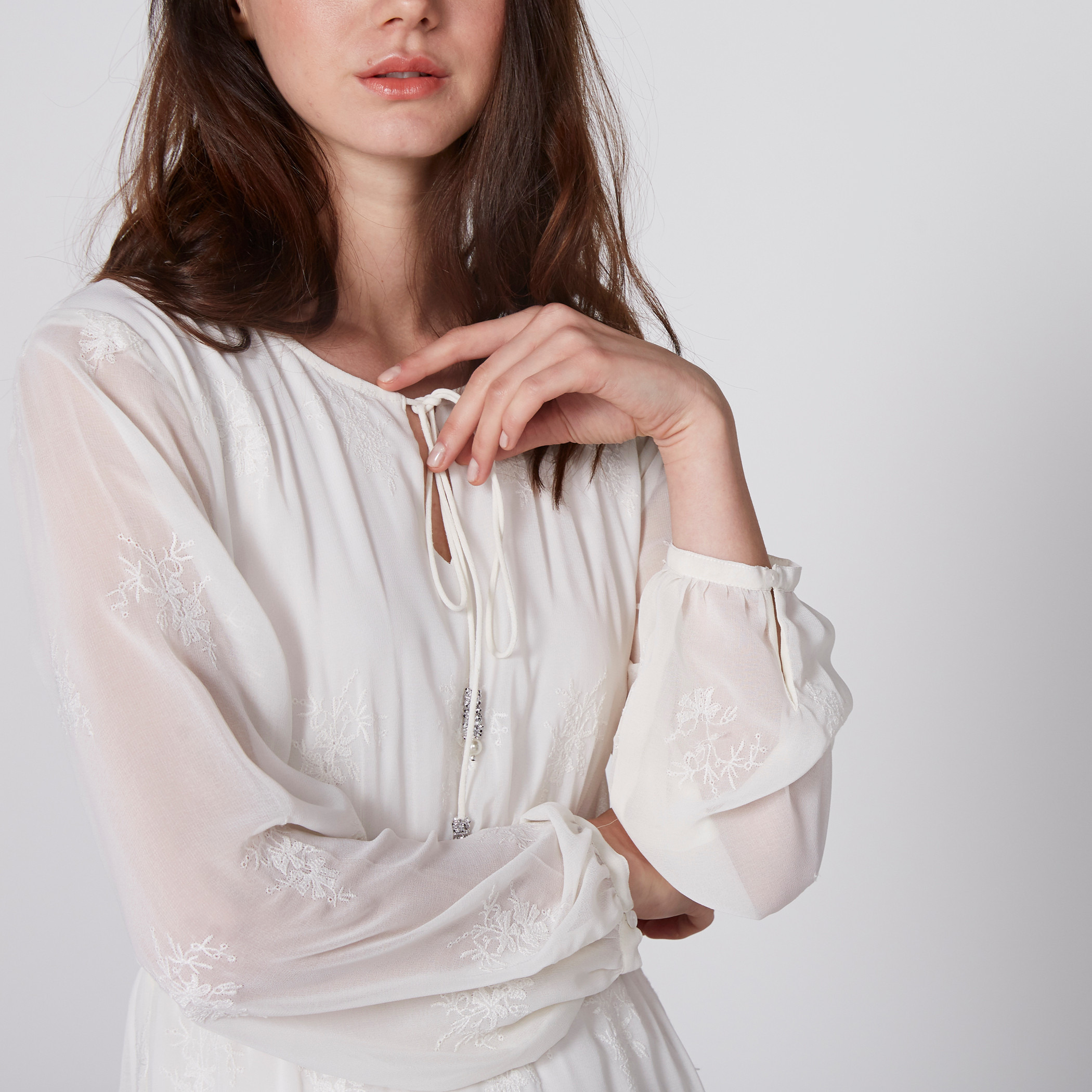 Shop Embroidered Maxi Dress with Long Sleeves and Tie Up