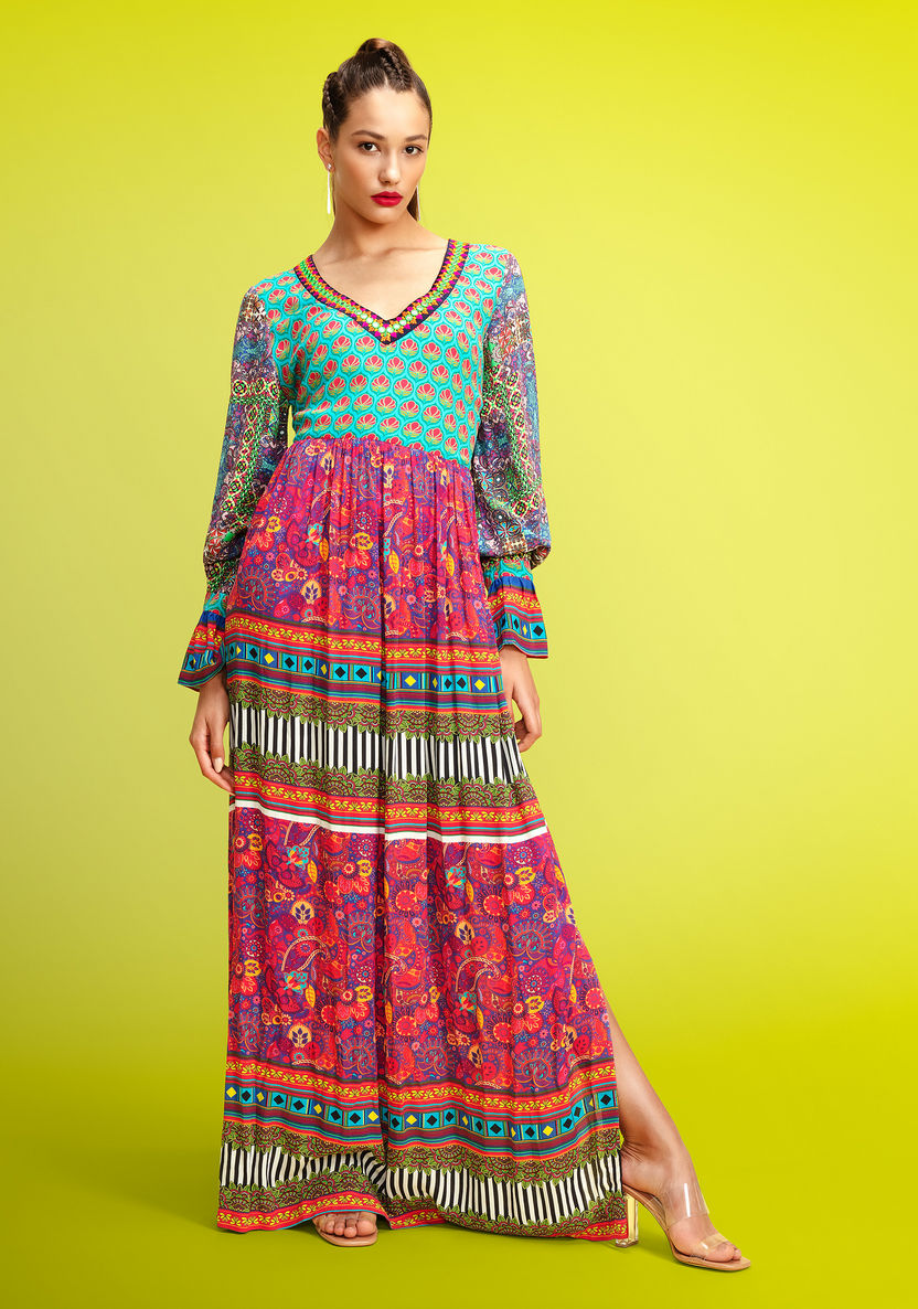 Printed Maxi A-line Dress with V-neck and Flared Sleeves-Dresses-image-0