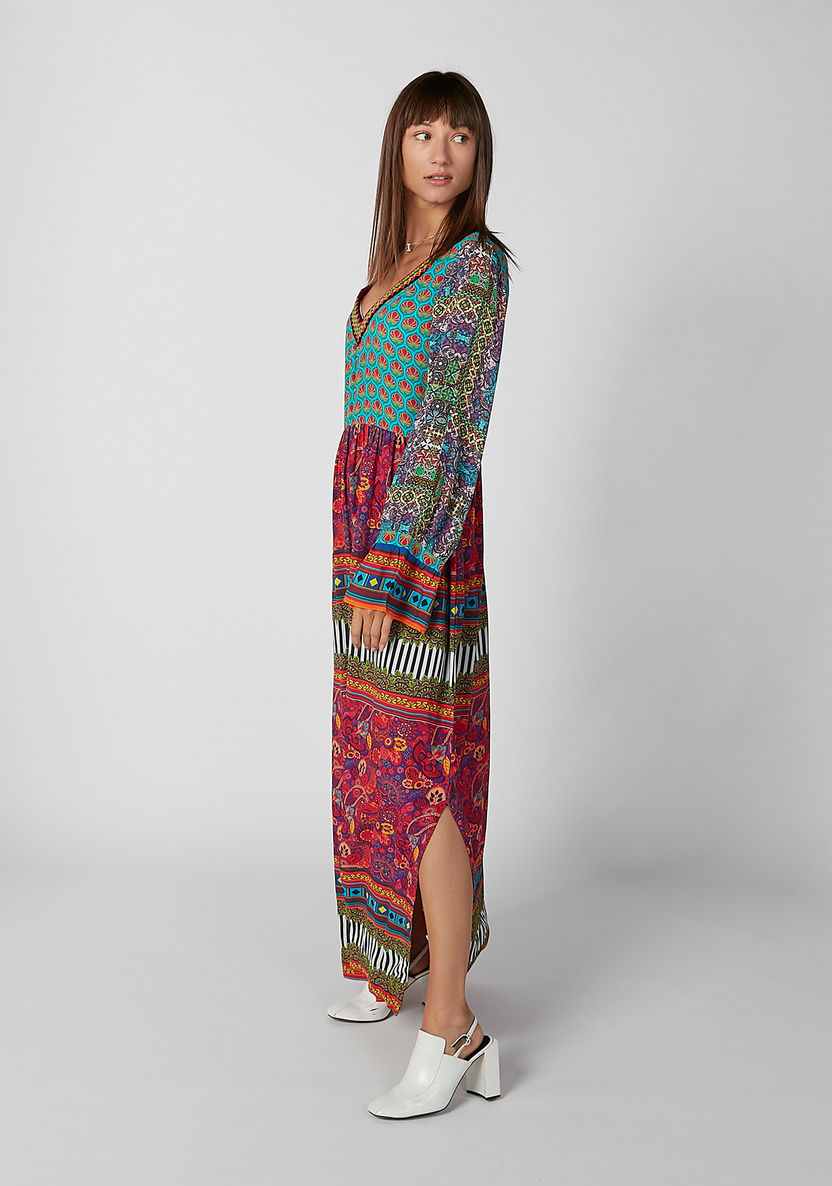 Printed Maxi A-line Dress with V-neck and Flared Sleeves-Dresses-image-1