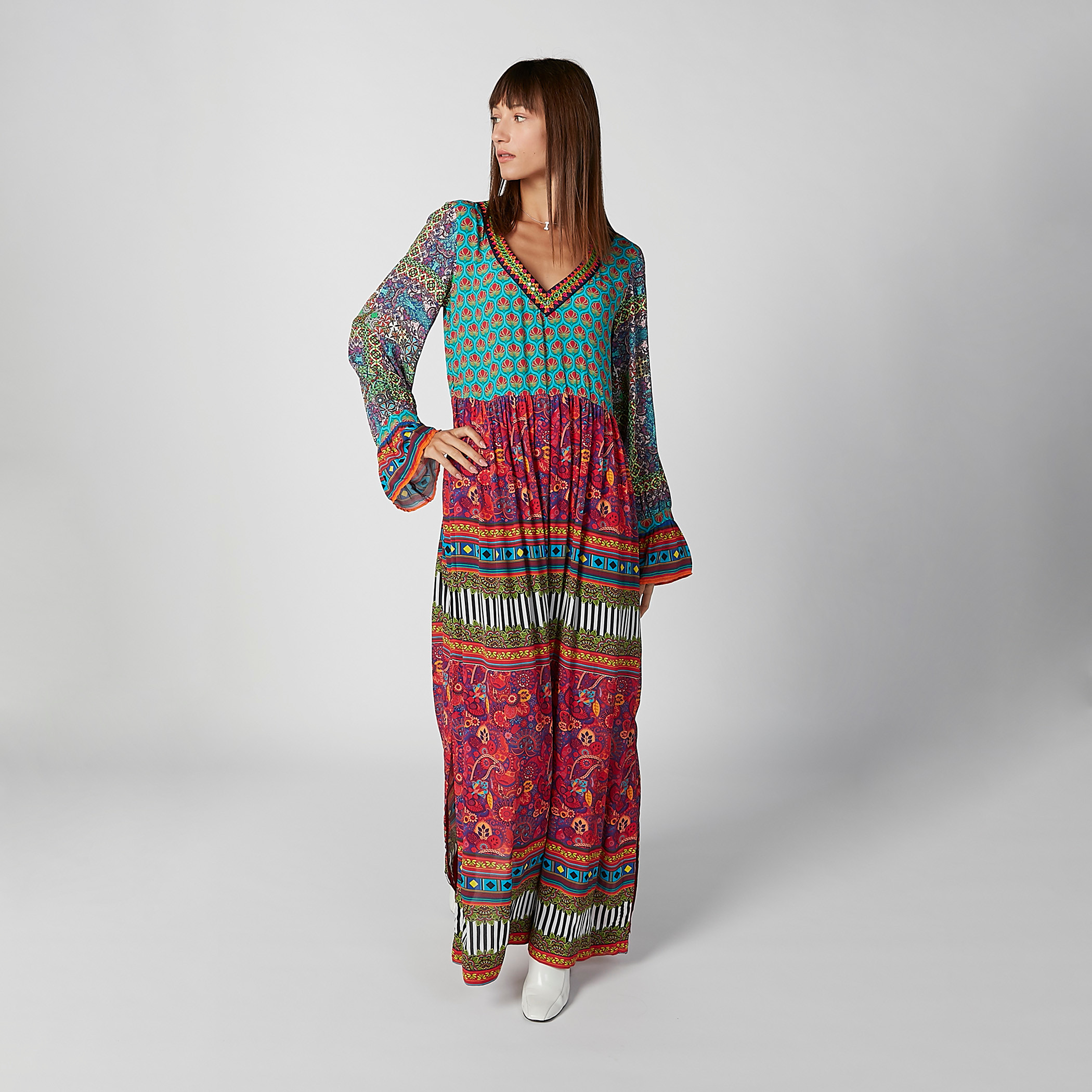 Printed Maxi A-line Dress with V-neck and Flared Sleeves-women-clothing-dresses-image-3
