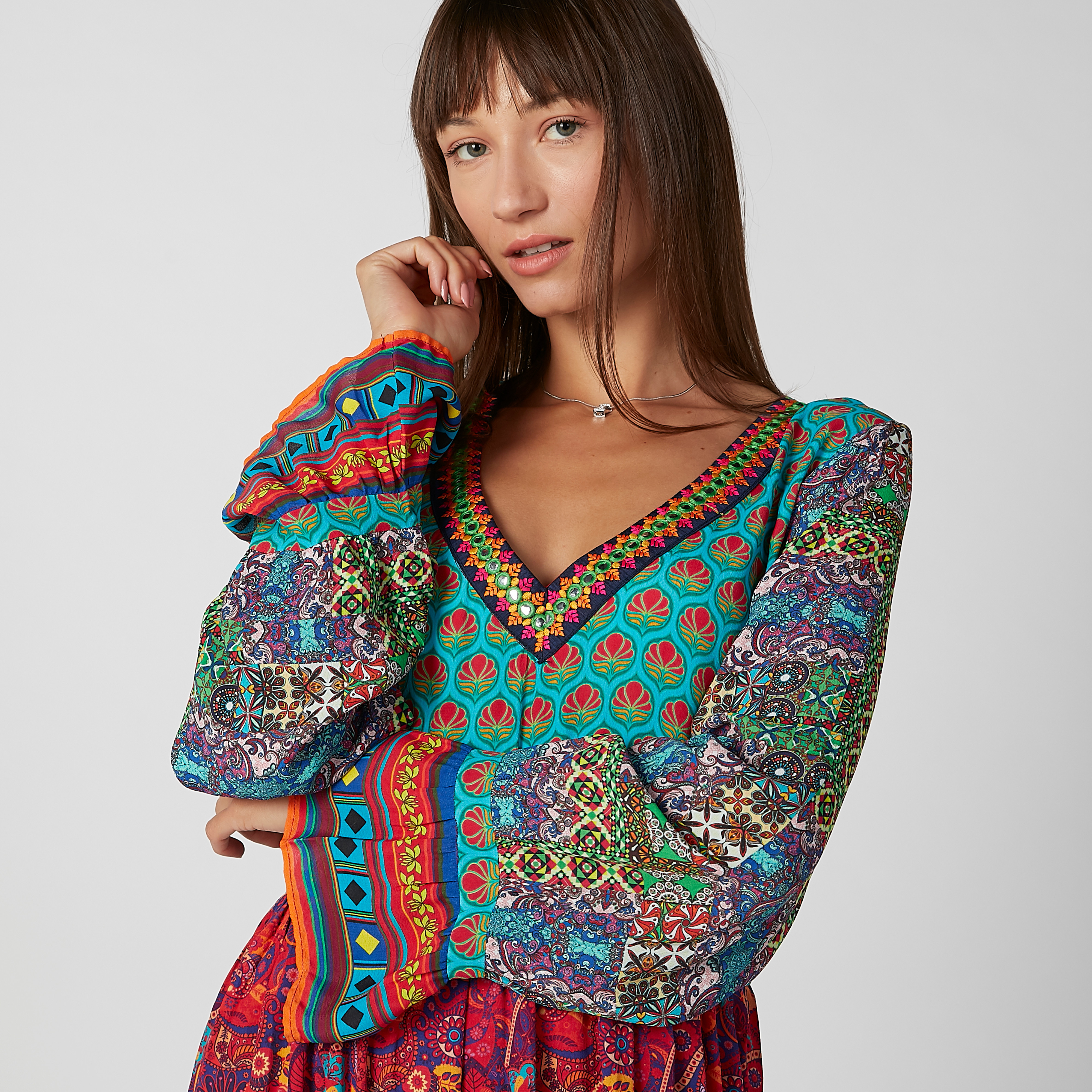 Printed Maxi A-line Dress with V-neck and Flared Sleeves-women-clothing-dresses-image-4
